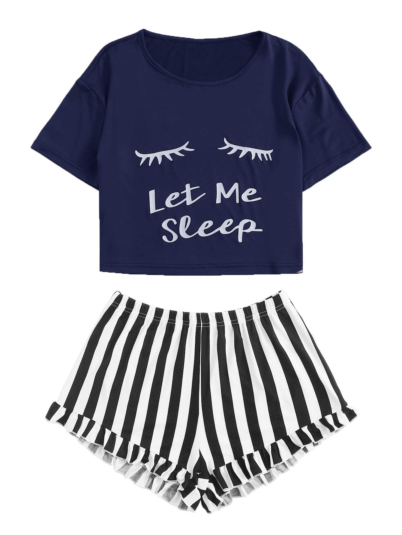 WDIRARA Women's Cute Sleepwear Set - Closed Eyes Print Tee and Shorts Pajamas for Lounge & Nightwear | Soft Comfortable Pajama Set for Women, Perfect for Sleeping, Relaxing at Home, and Vacation