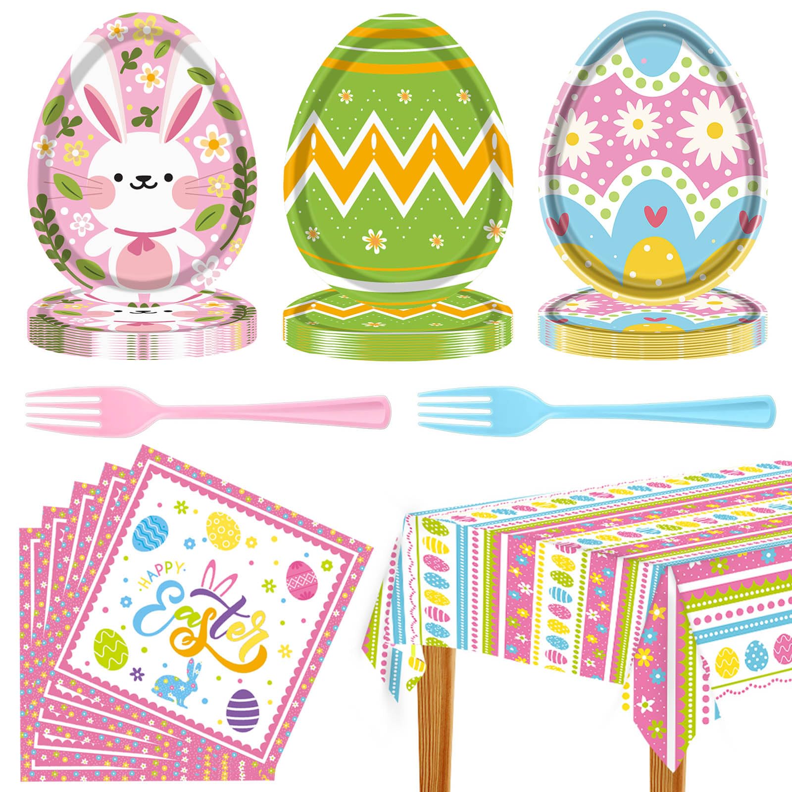 24-Piece Easter Party Supplies Set - Disposable Plates, Napkins, Forks & Tablecloth | Bunny & Egg Themed Paper Tableware for Easter Dinner Decorations | Perfect for Easter Brunch, Family Gatherings & Holiday Celebrations