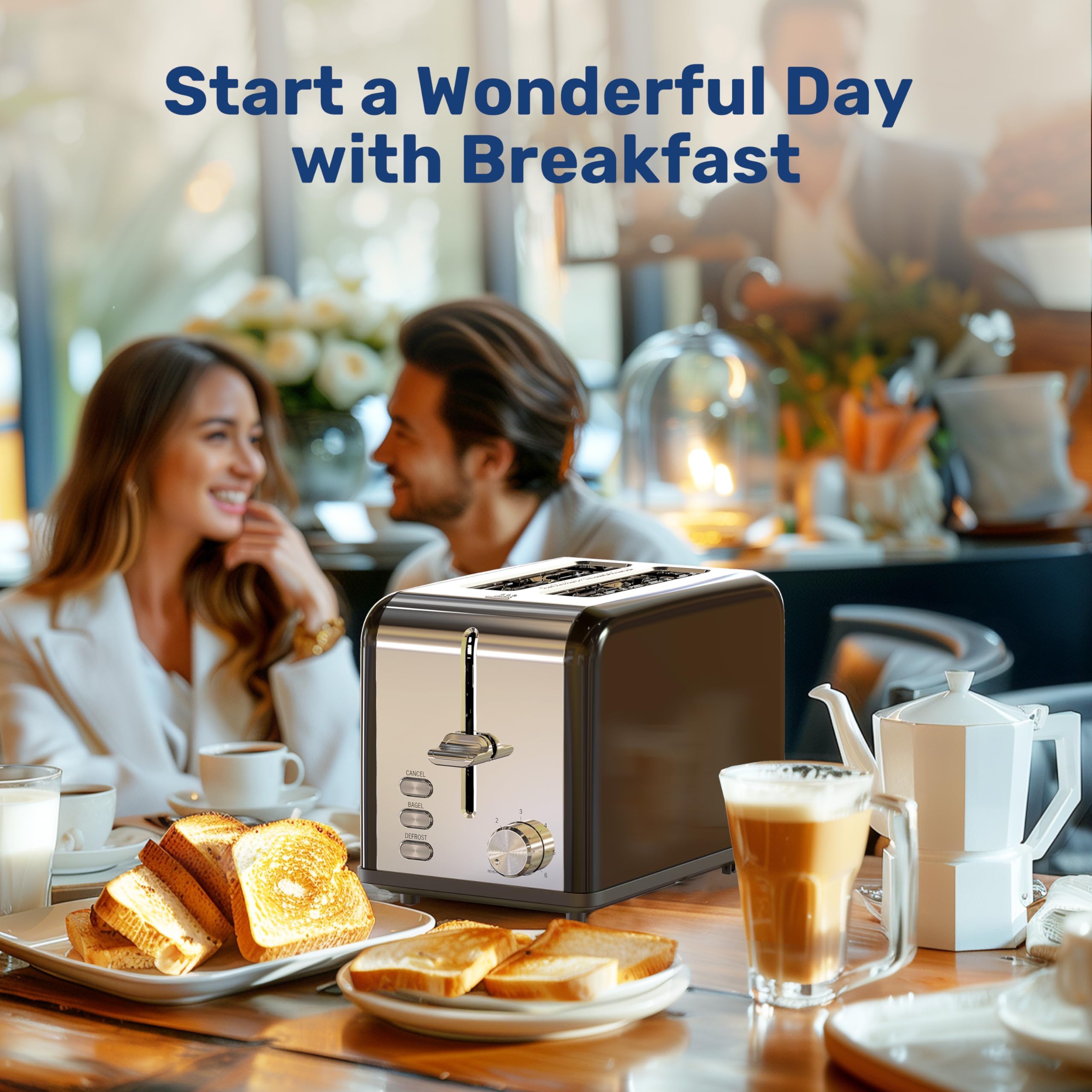 YSSOA 2-Slice Stainless Steel Toaster with 6 Browning Settings & 3 Functions - Extra Wide Slots for Bread, Bagels & Waffles - Removable Crumb Tray - Perfect for Breakfast, Office & Dorm Rooms - Black