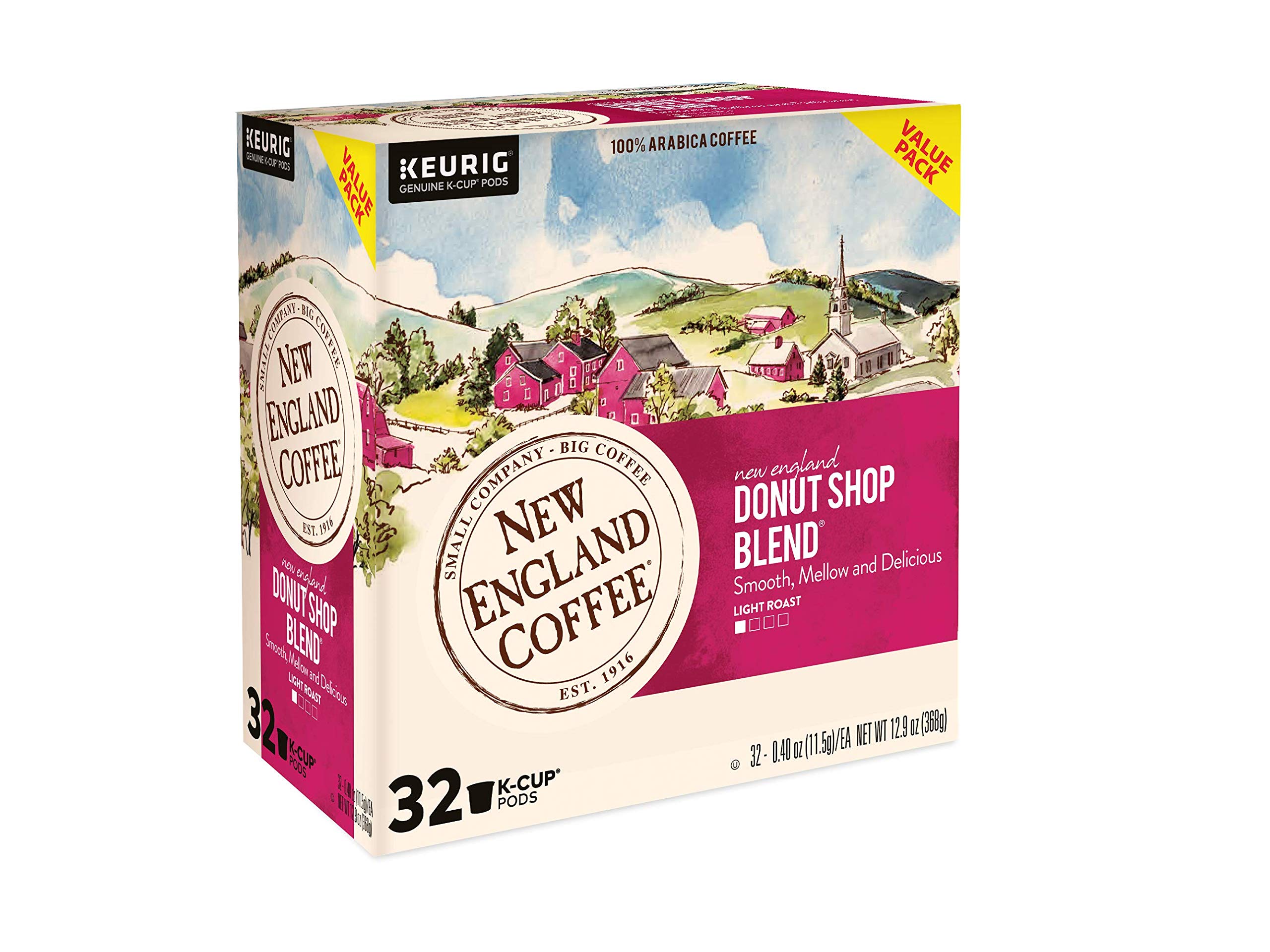New England Coffee Donut Shop Blend Light Roast Single Serve Pods - 128 Count (4 Boxes of 32) - Perfect for Keurig Brewers, Office Coffee Stations & Morning Routines