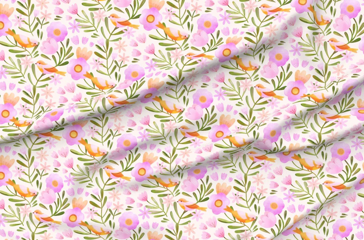 Spring Botanical Pink Floral Birds Printed Cotton Poplin Fabric - Fat Quarter for Sewing, Quilting, Dresses & Crafts | Perfect for Spring/Summer Apparel & Home Decor Projects