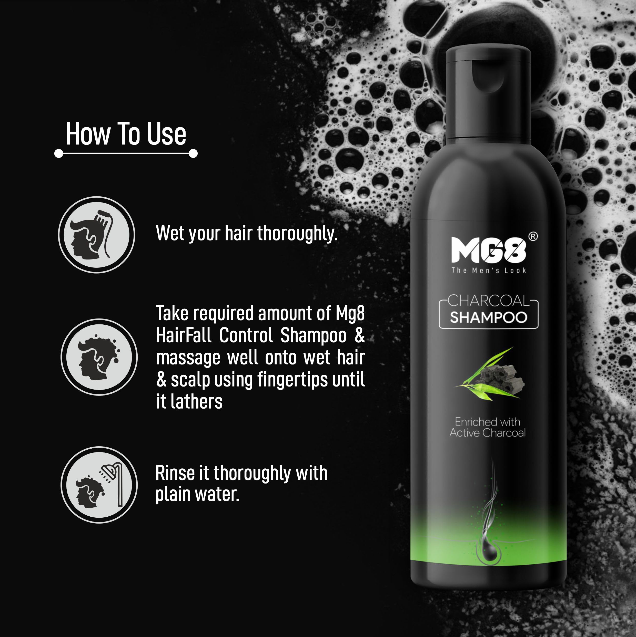 MG8 Anti-Dandruff Shampoo for Men - 250ml Charcoal Shampoo for Oily Scalp | Promotes Hair Growth & Healthy Shine | Ideal for Daily Use & Scalp Care
