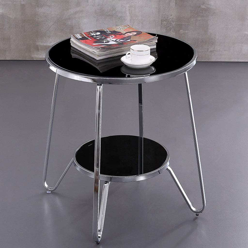 2-Tier Round Coffee Table - Glass & Metal Side Table with Small Tray | Rustproof & Waterproof End Table for Living Room, Bedroom, Patio | Modern Accent Table for Sofa, Nightstand (Black)