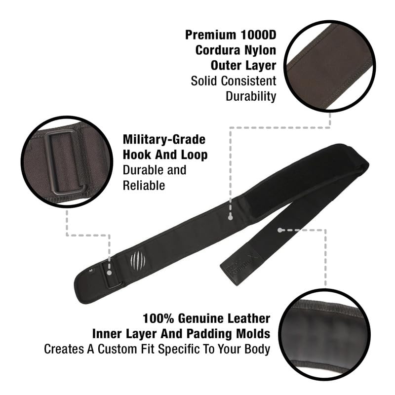 Bear KompleX Premium Leather APEX Weightlifting Belt - Heavy Duty Back & Abdominal Support for Powerlifting, Squats, CrossFit & Weight Training - Adjustable Low Profile Velcro Design for Maximum Comfort & Stability - Ideal for Gym, Home Workouts & Strength Training