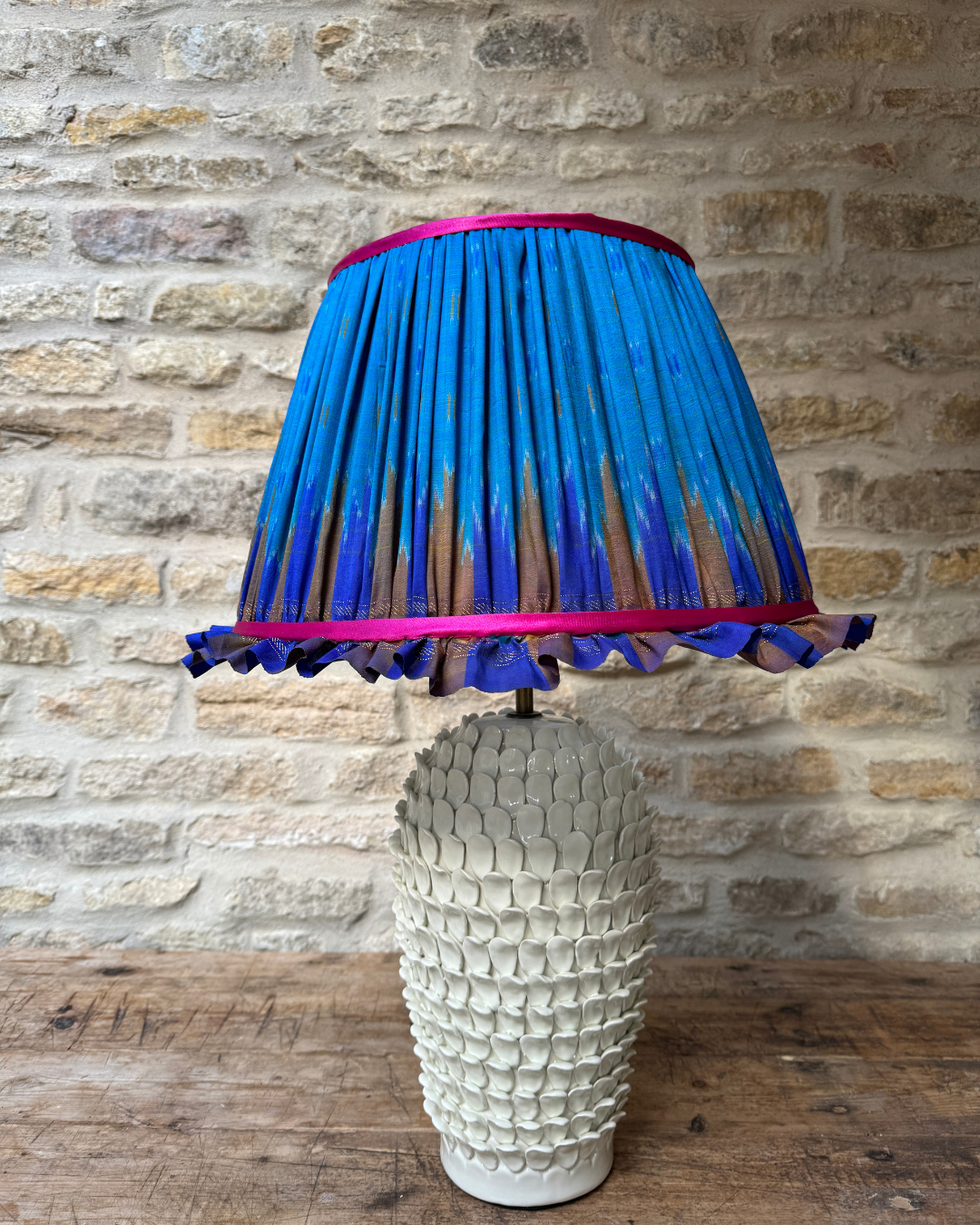 41 cm Frilly Blue & Pink Silk Sari Lampshade - Elegant Home Decor for Bedroom, Living Room & Boho Style Interior Design