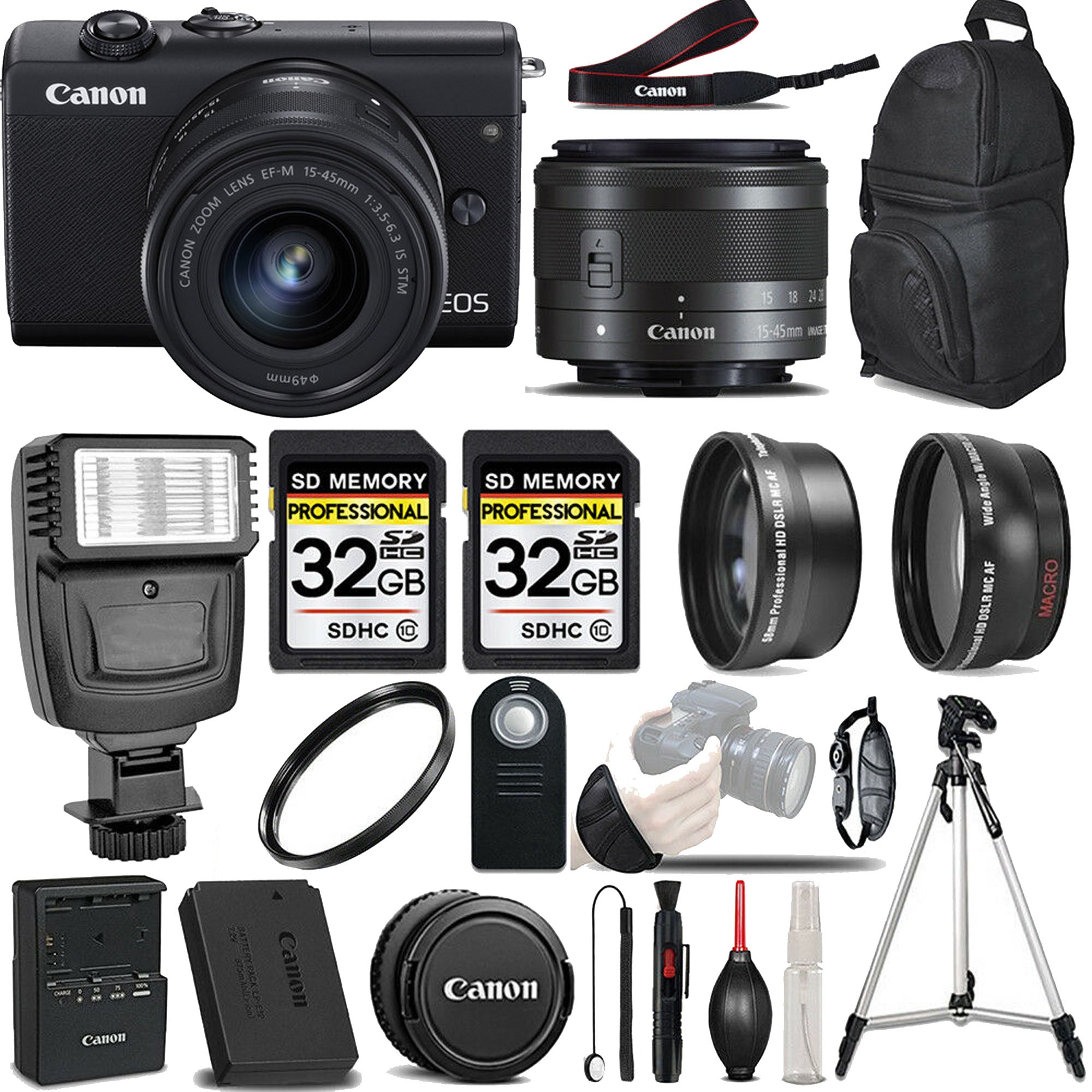 Canon EOS M200 Mirrorless Digital Camera with 15-45mm Lens Kit (Black/White) - 24.1MP APS-C Sensor, 4K Video, Wi-Fi & Bluetooth - Includes 64GB Card & Pro Flash - Perfect for Vlogging, Travel & Street Photography