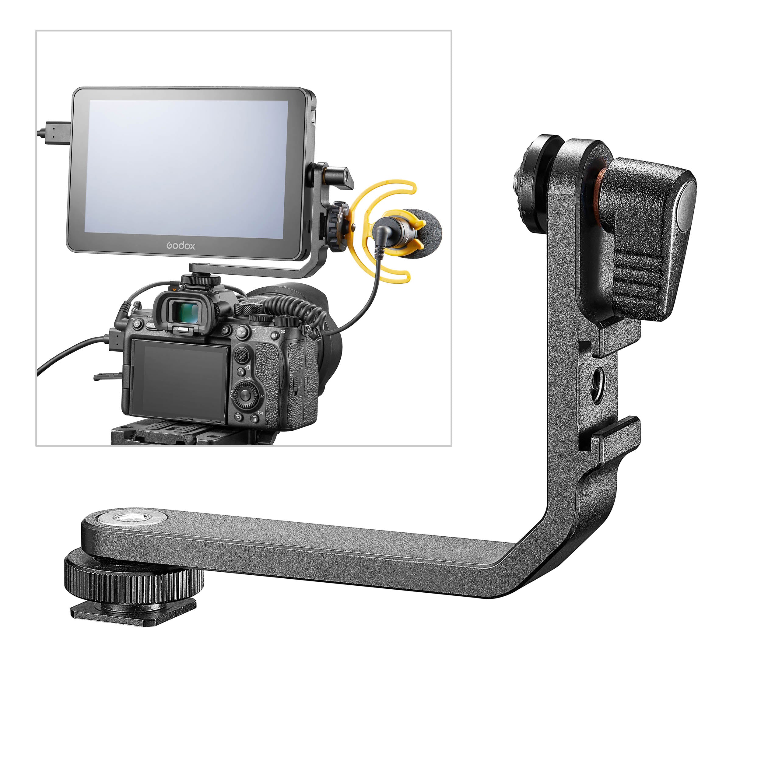 GMM 01 Articulating L-Shaped Field Monitor Tilt Arm Bracket - Heavy Duty Adjustable VESA Mount for Studio & Gaming Monitors - Perfect for Dual Screen Setup, Video Editing & Streaming Workstations
