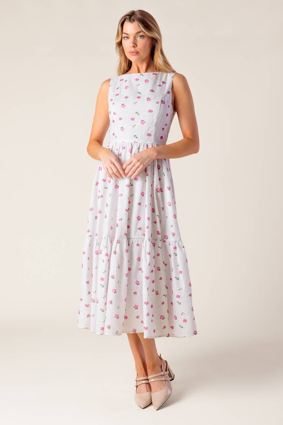 Floral Eyelet Midi Dress for Women - Summer Garden Party, Wedding Guest, Brunch Outfit - Breathable & Stylish A-Line Dress