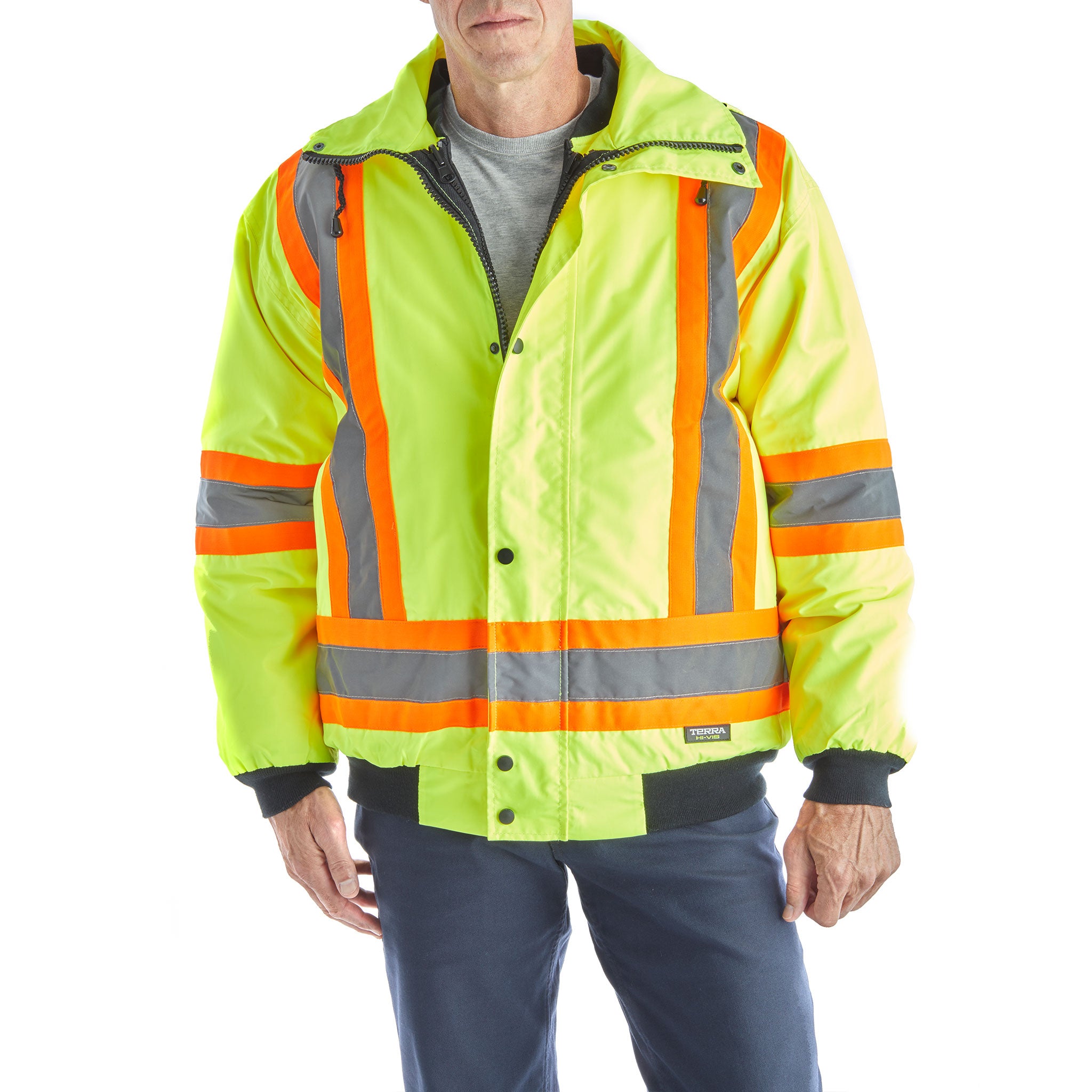 Terra Men's High Visibility 6-in-1 System Work Bomber Jacket - ANSI Certified Reflective Safety Jacket for Construction, Road Work & Outdoor Jobs - Yellow (Model 116562)