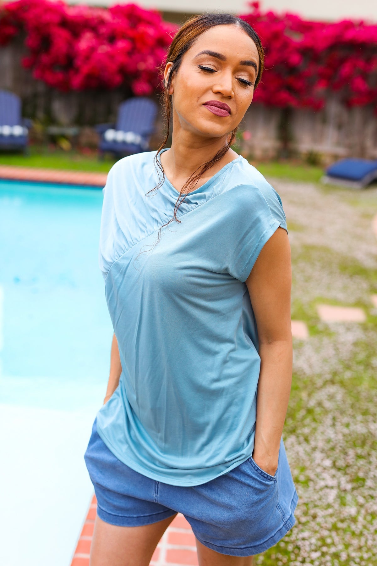 Stylish Aqua Blue Asymmetrical Ruffle Drop Shoulder Modal Blouse for Women | Comfortable & Breathable Summer Top | Perfect for Casual Outings, Beach Vacations & Date Nights