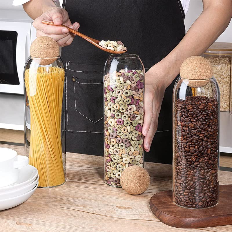 3-Piece Glass Food Storage Jars with Airtight Cork Lids - Clear Kitchen Pantry Containers for Dry Goods, Spices & Meal Prep | Perfect for Organizing, Storing & Displaying Food in Home or Restaurant
