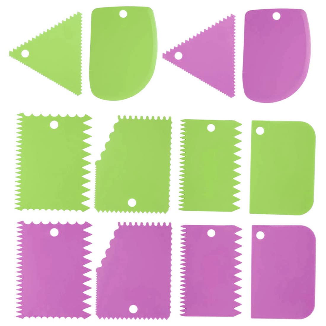 12-Piece Plastic Cake Scrapers Set - Icing Smoother & Decorating Comb for Cake Edge Design (Green & Purple) | Perfect for Professional Baking, Wedding Cakes & Home Dessert Decorating