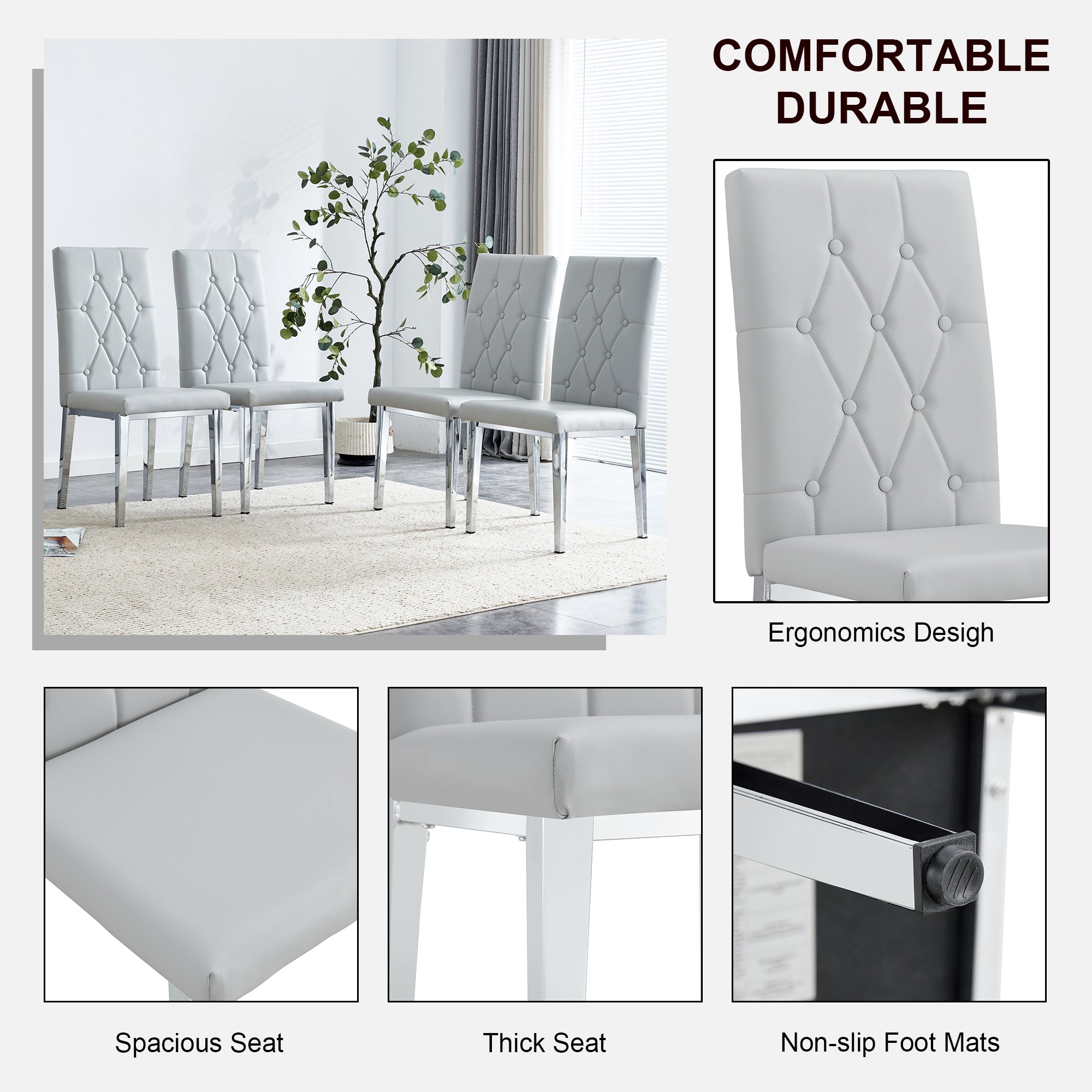 Modern 2-Piece Dining Chairs Set - Light Gray Fabric with Classic Checkered Buckle Design for Kitchen, Dining Room & Conference Room | Comfortable Seating for Home & Office Use