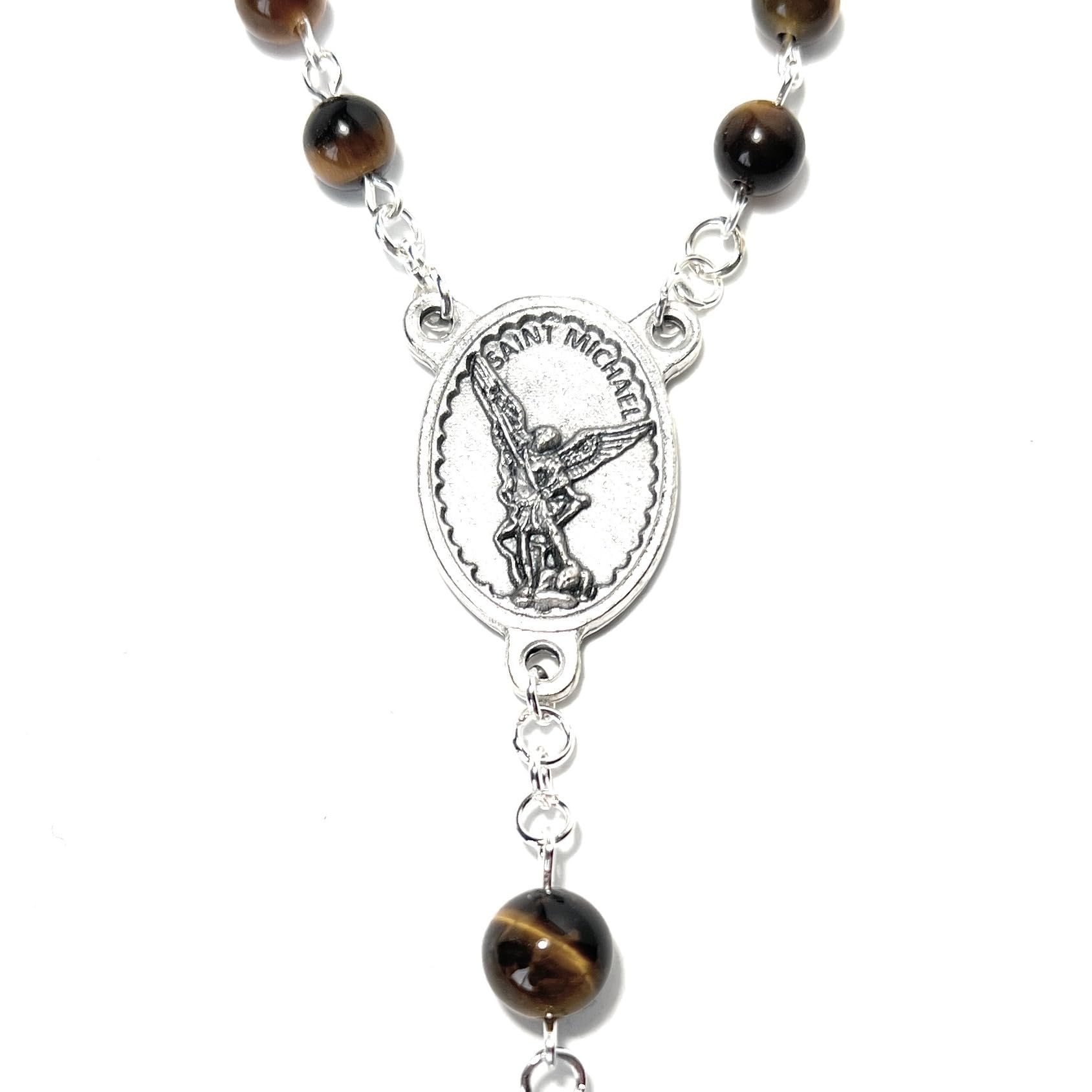 St. Michael the Archangel 1-Decade Car Rosary with Yellow/Brown Tiger Eye Beads - Rearview Mirror Prayer Beads for Safe Driving & Spiritual Protection