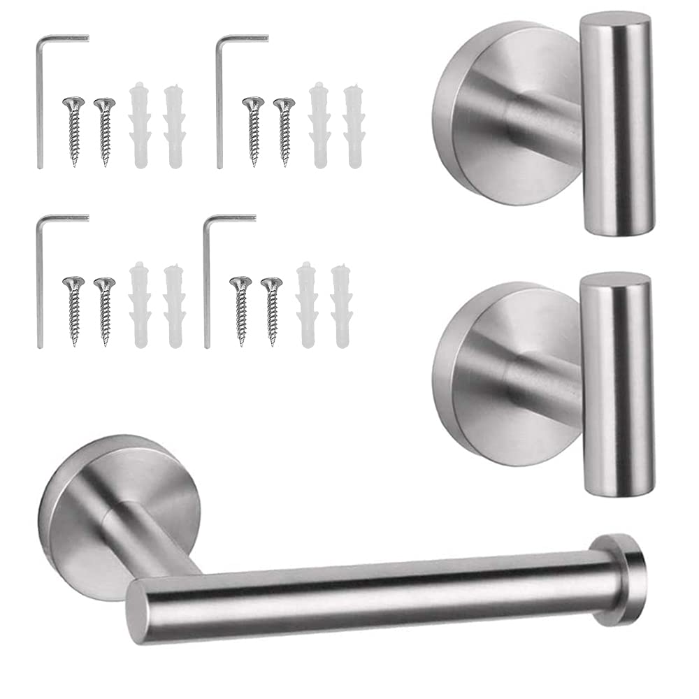 Premium 3-Piece SUS 304 Stainless Steel Bathroom Accessories Set - Wall Mounted Toilet Paper Holder & 2 Robe Hooks - Modern Bathroom Hardware for Home & Hotel Use