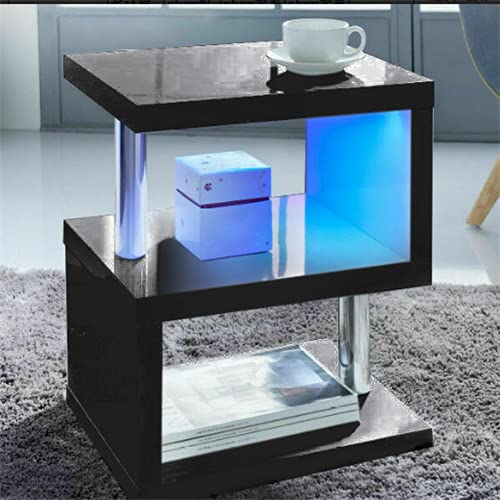 Modern Simple LED Coffee Table & Side Table - S-Shaped High Gloss Nightstand with Remote Control, Multi-Level Accent End Table for Bedroom & Living Room - Perfect for Small Spaces, Home Decor & Entertaining (Black)