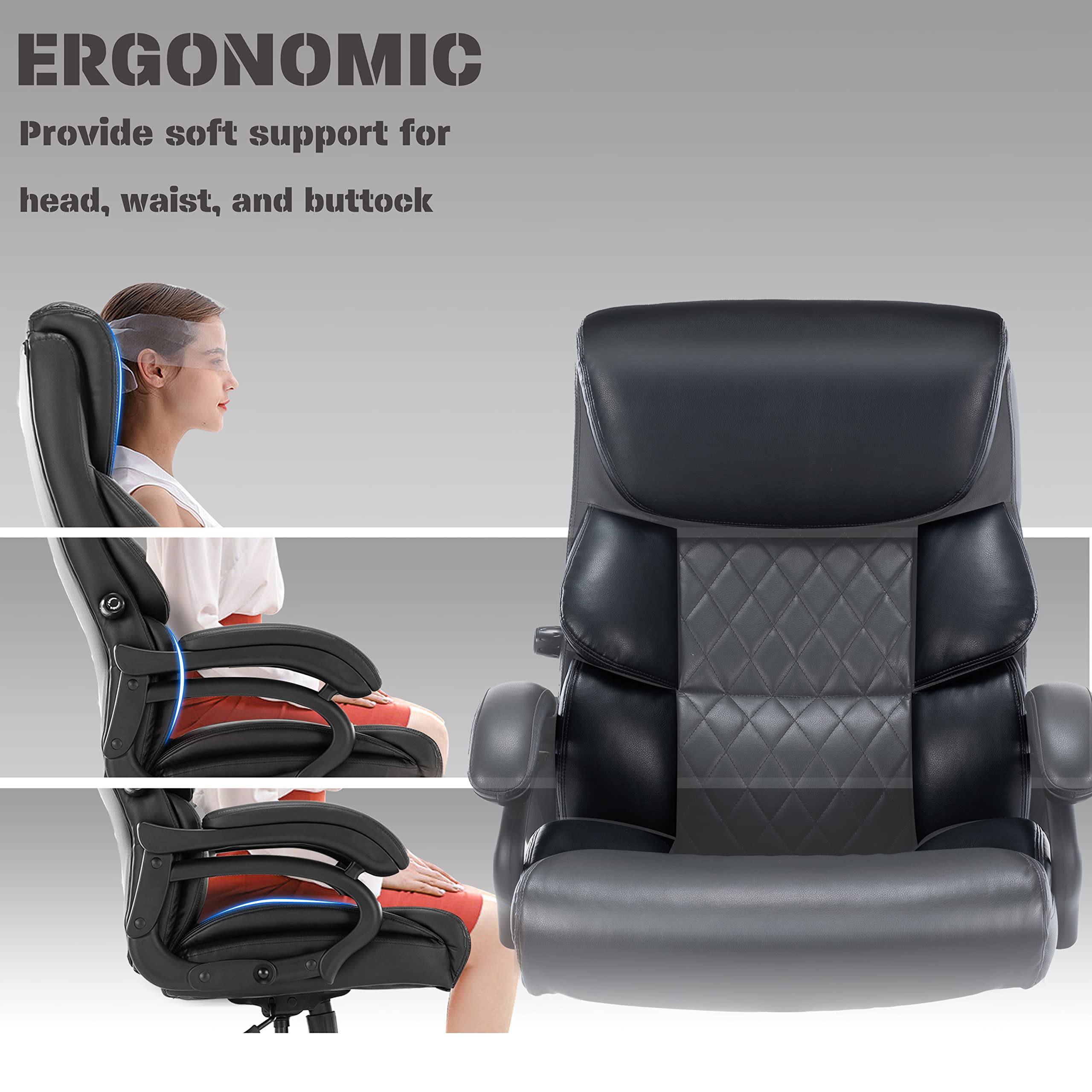 Big and Tall Office Chair for Heavy People - 500 LBS Heavy Duty Executive Rolling Chair with Adjustable Lumbar Support, High Back Faux Leather, Wide Seat Computer Desk Chair (Black) - Perfect for Plus-Size Professionals and Long Work Sessions