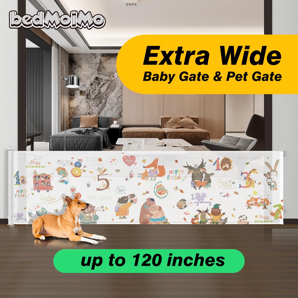120 Inch Extra Wide Retractable Baby Gate for Large Openings - Long Dog Gate for Doorways, Indoor & Outdoor Use - Durable Mesh Child Safety Gate for Home & Stairs