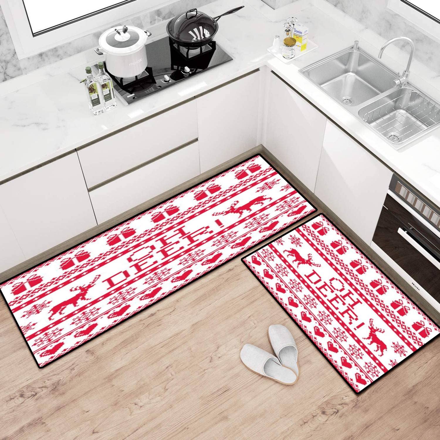 Oh Deer Red Christmas Kitchen Rugs Set - Non-Slip Washable Floor Mats with Seamless Design - Winter Kitchen Runner, Doormat & Bath Rug - Comfort Standing Mats for Home Decor (Perfect for Holiday Kitchen, Entryway & Bathroom)
