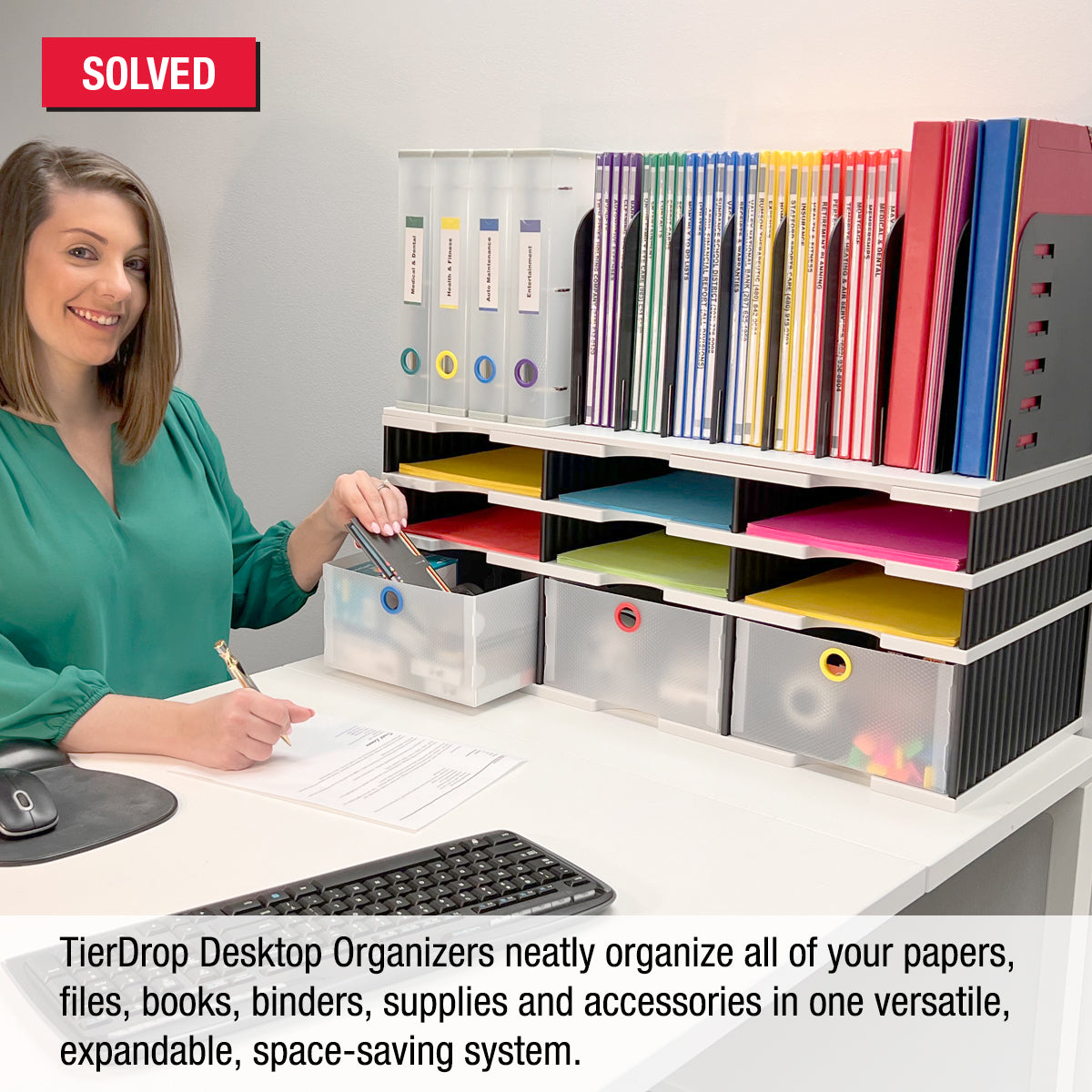 6-Slot Desktop Organizer with Riser Base, Vertical File Top & 3 Storage Drawers - Maximize Vertical Space for Documents, Files, Binders & Office Supplies - Perfect for Home Office, Workspace & Desk Organization