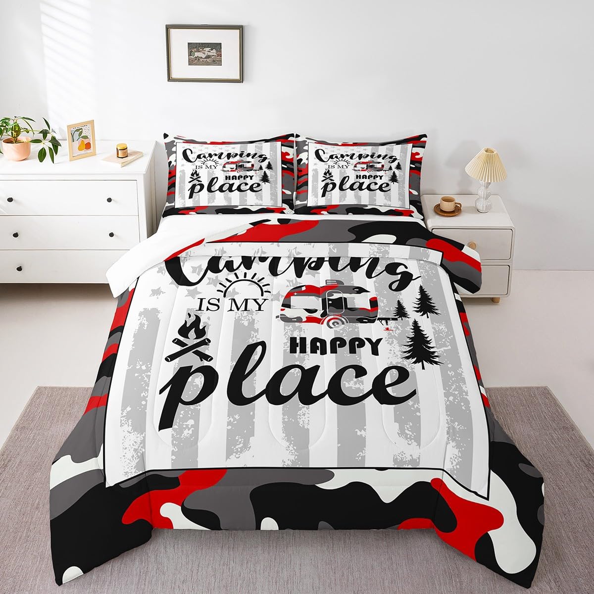 Red Camouflage Comforter Set for Boys & Teens - King Size 3 Piece Bedding with 2 Pillowcases | Vintage American Flag Design for RV Camping, Kids Room & Farmhouse Decor | Soft & Cozy for Winter Sleepovers & Adventure-Themed Bedrooms