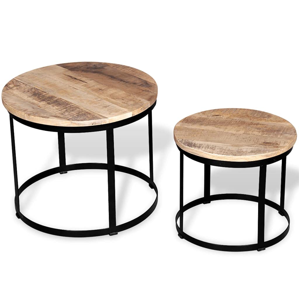 Round Coffee Table Set of 2 - Industrial Style Solid Wood Top & Metal Frame Side Tables - Retro Cocktail Sofa Tables for Living Room, Bedroom, Office - Brown - Perfect for Coffee, Books & Decor