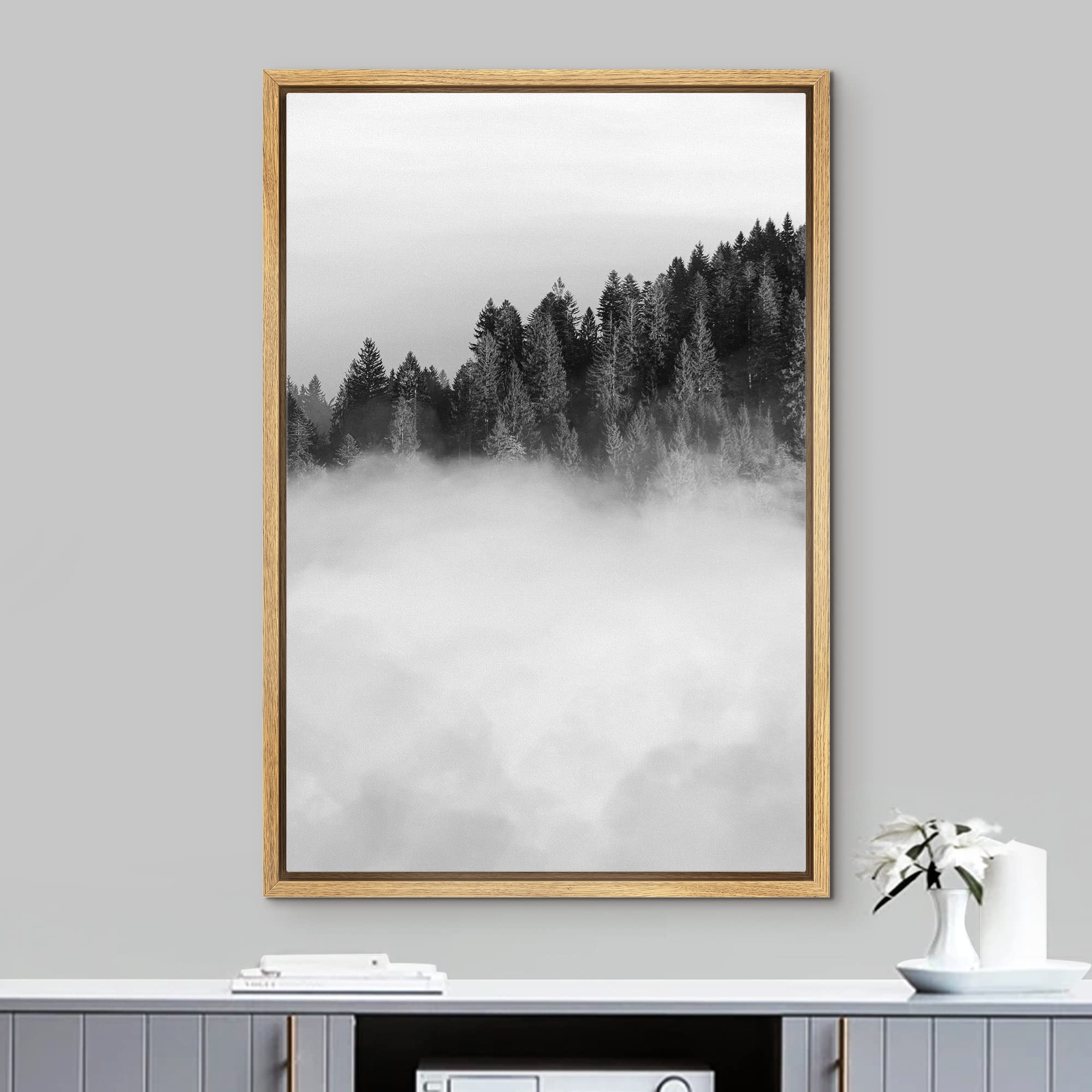 IDEA4WALL Framed Canvas Print - Black & White Misty Forest Woodland Art, Nature Wilderness Realism, Rustic Dramatic Wall Decor for Living Room, Bedroom, Office, Nursery - 24
