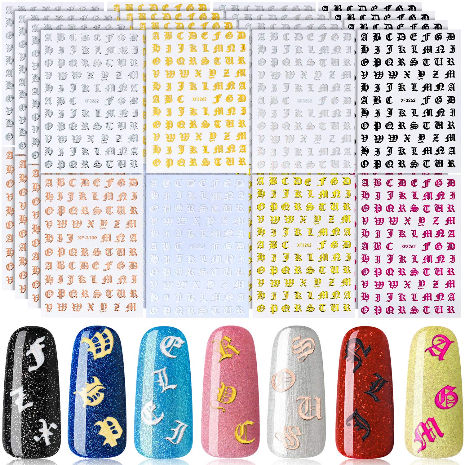 32 Sheets Holographic Letter Nail Art Stickers - Old English Alphabet Nail Decals with Gummed Adhesive for Women & Girls - DIY Salon & Home Nail Decoration (8 Styles) - Perfect for Parties, Weddings, and Special Occasions