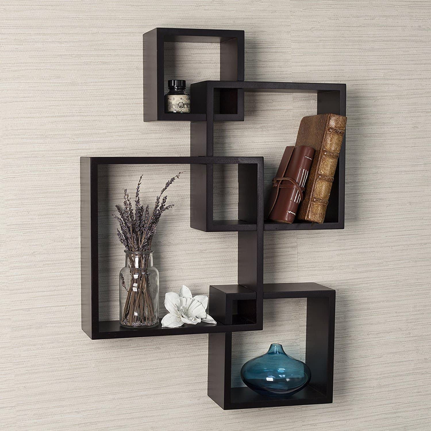 Modern Floating Intersecting Wall Shelves with 4 Cubes - Wall-Mounted Storage Organizer for Living Room, Bedroom & Office (Black) - Space-Saving Home Decor & Display Solution