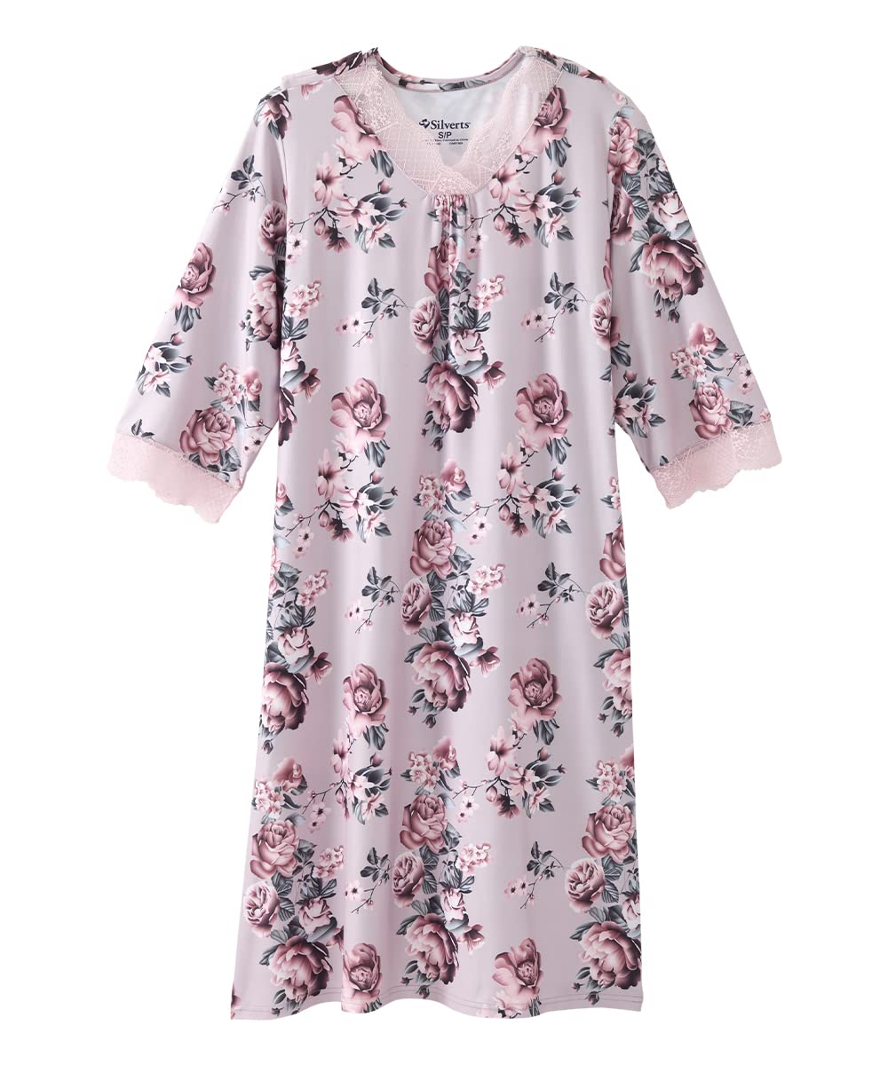 Silverts Open-Back Hospital Gowns for Women - Comfortable & Easy Wear for Seniors & Patients - Milk Silk Lace 3/4 Sleeve - Perfect for Hospital Stays, Recovery & Home Care