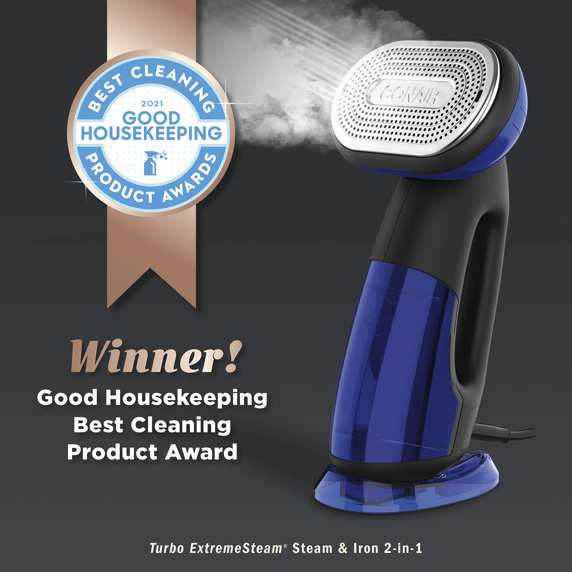 Conair 2-in-1 Handheld Steamer and Iron for Clothes - 1875W Turbo ExtremeSteam Garment Steamer & Clothing Iron (Black/Blue) | Perfect for Travel, Home Use & Quick Wrinkle Removal