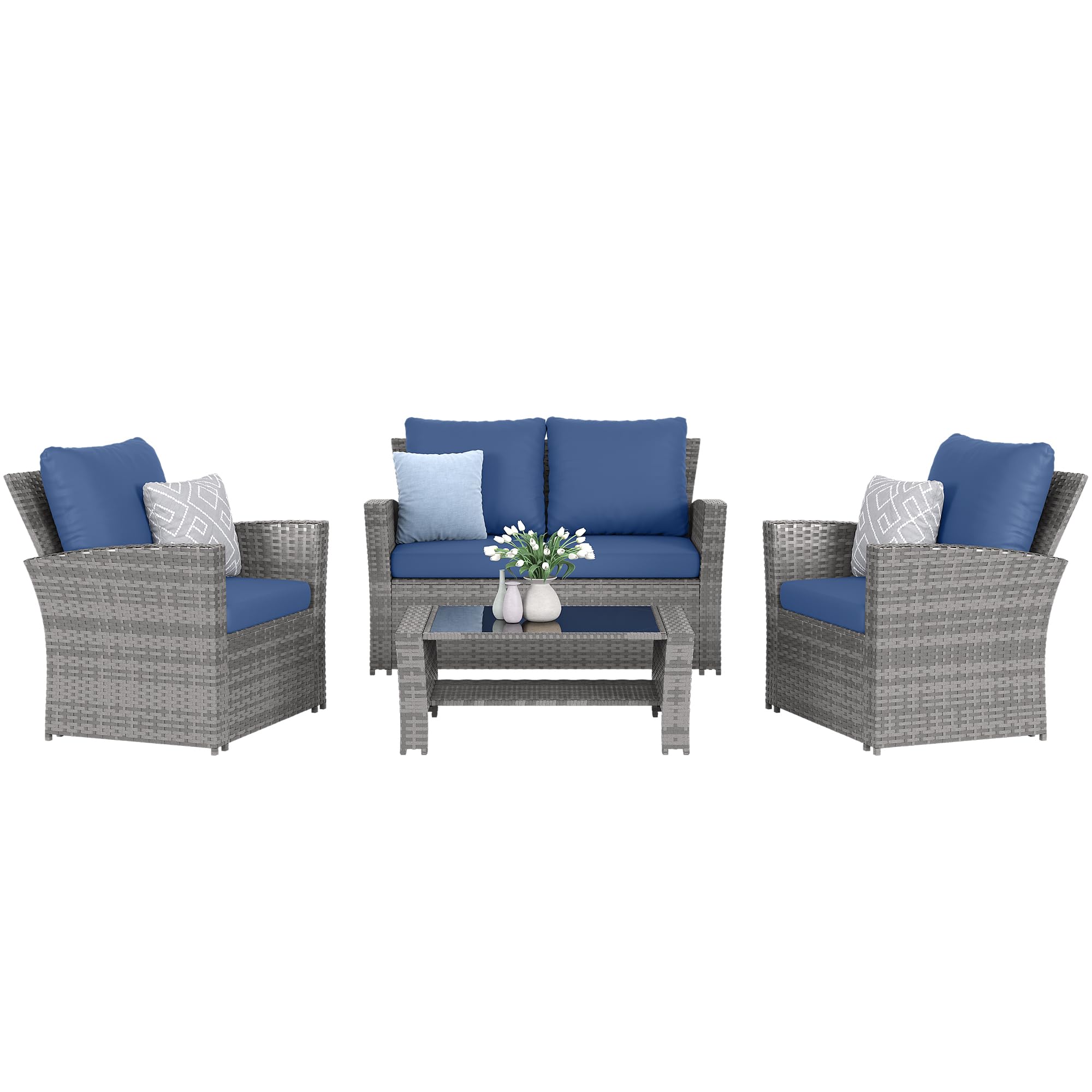 **Amopatio 4-Piece Outdoor Furniture Set - Navy Blue Wicker Sectional Sofa, Rattan Patio Conversation Set for Backyard, Porch, Balcony & Garden Relaxation**