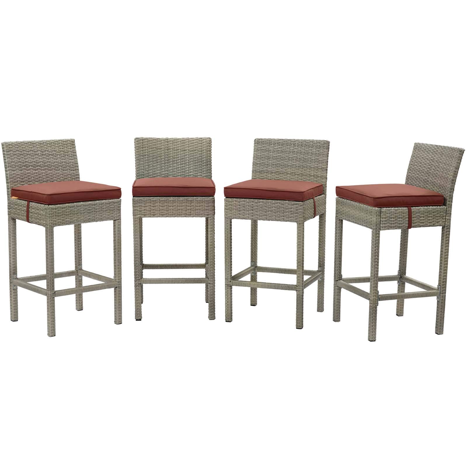 Modern Outdoor Patio Garden Bar Stool Set of 4, Dark Red Fabric Rattan Wicker Chairs for Backyard, Poolside, and Terrace Lounging