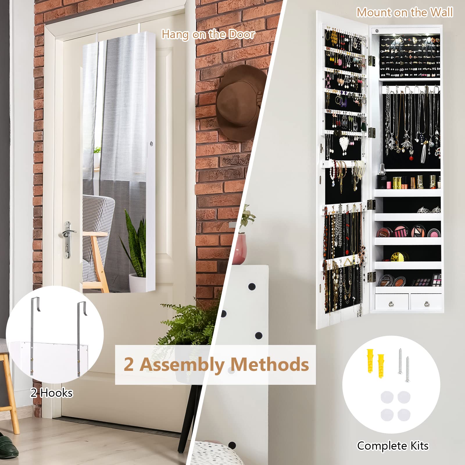 COSTWAY Hanging Jewelry Organizer with Full-Length Mirror & LED Lights - Wall Mount Jewelry Cabinet with Lock, Large Storage for Necklaces, Rings, Earrings - Perfect for Bedroom, Closet & Dressing Room (White)