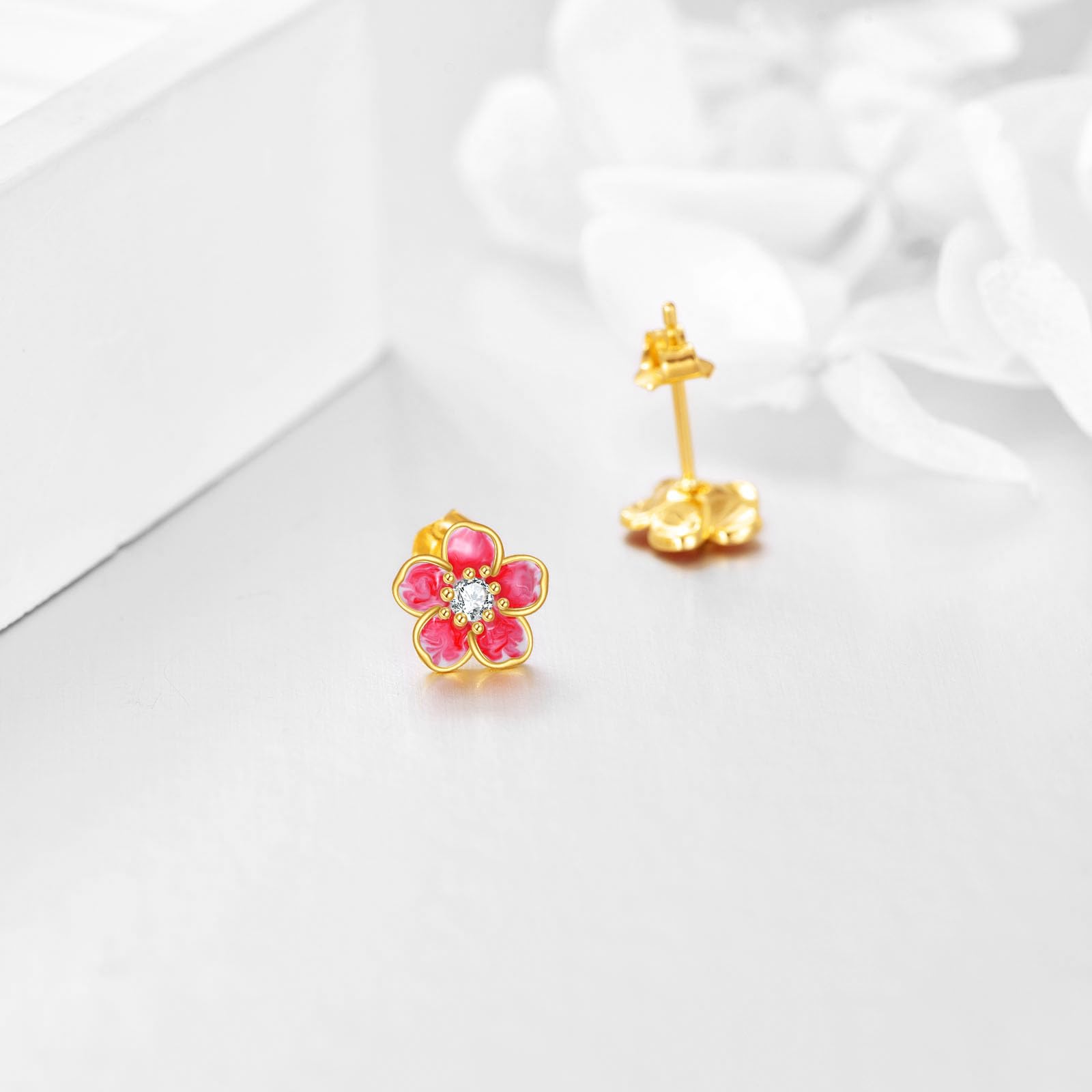14K Rose & Cherry Flower Stud Earrings - Yellow Gold Floral Jewelry for Women & Girls | Perfect Gift for Birthdays, Anniversaries & Special Occasions