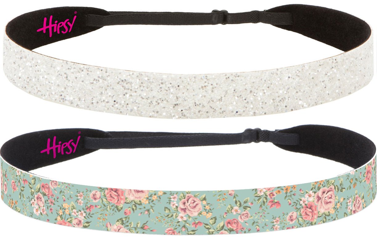 Hipsy Women's Adjustable No Slip Wide Country Flower Headbands - 2 Pack (Wide Mint & White Glitter) for Country Concerts, Outdoor Festivals & Everyday Boho Style