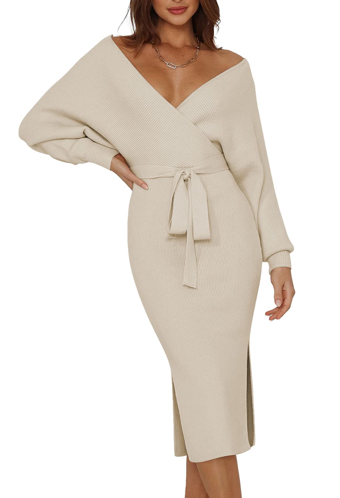 Pink Queen Women's V-Neck Wrap Dress with Batwing Sleeves & Belt - Sexy Backless Maxi Knit Dress for Date Night, Party & Evening Out