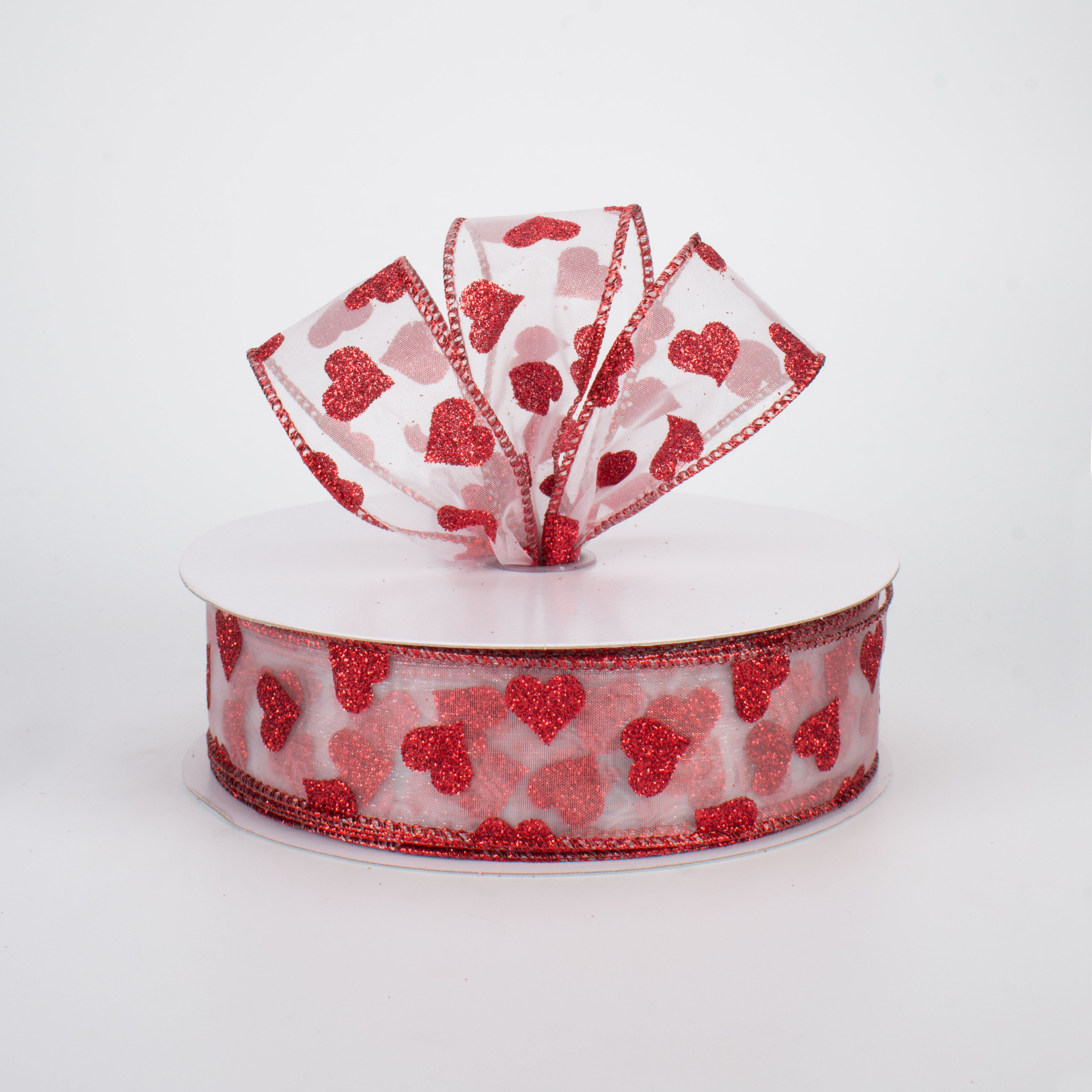 1.5 Inch Glitter Hearts Ribbon - Red on White Sheer Ribbon for Gift Wrapping, Crafts, DIY Projects (50 Yards) - Perfect for Valentine's Day, Weddings & Party Decorations