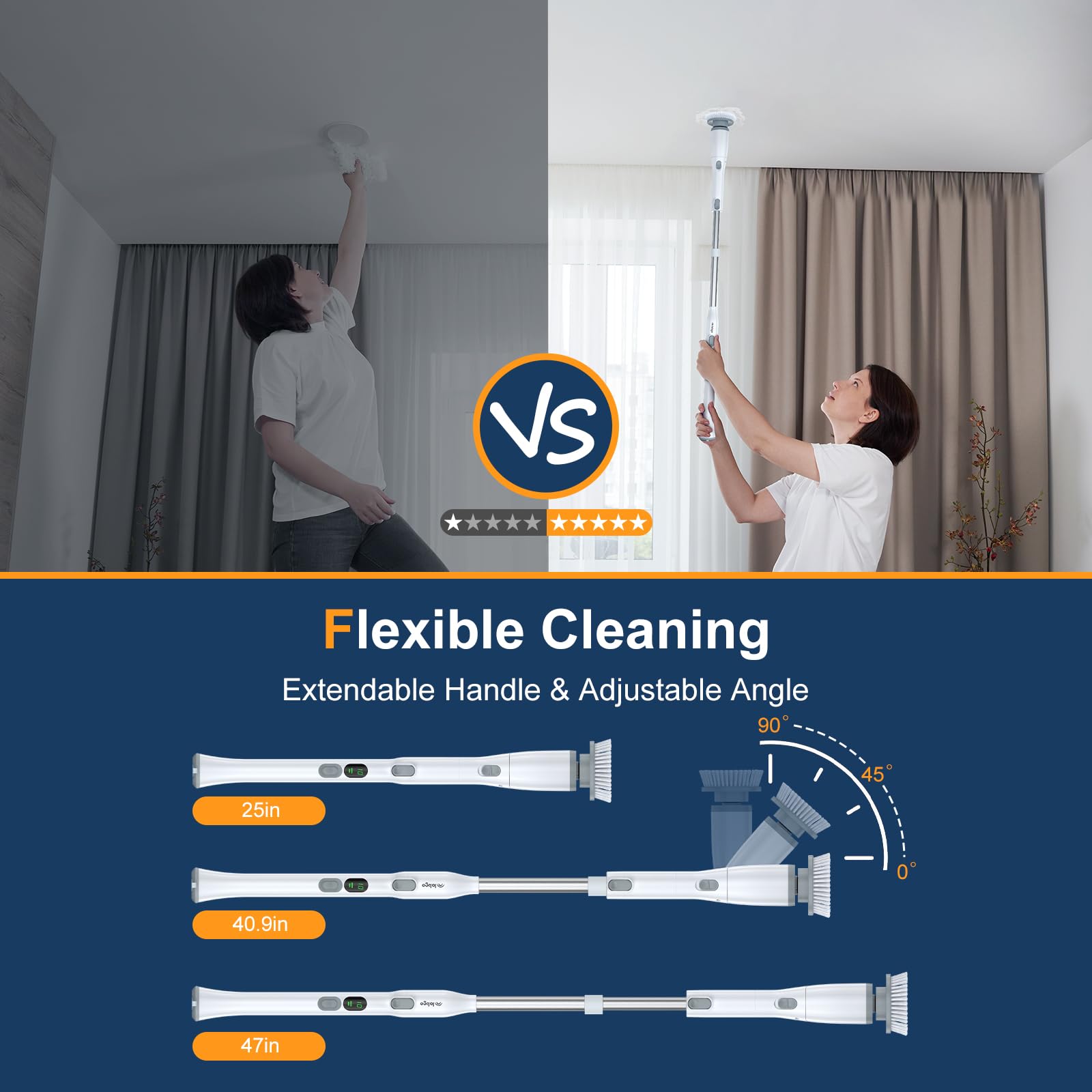 LABIGO Electric Spin Scrubber LA2 Pro - Cordless Shower Power Cleaning Brush with LCD Display, 4 Replaceable Brush Heads, 2 Speed Settings & 3 Extension Handles - Perfect for Bathroom Tile, Grout, Bathtub, Shower Wall and Floor Cleaning