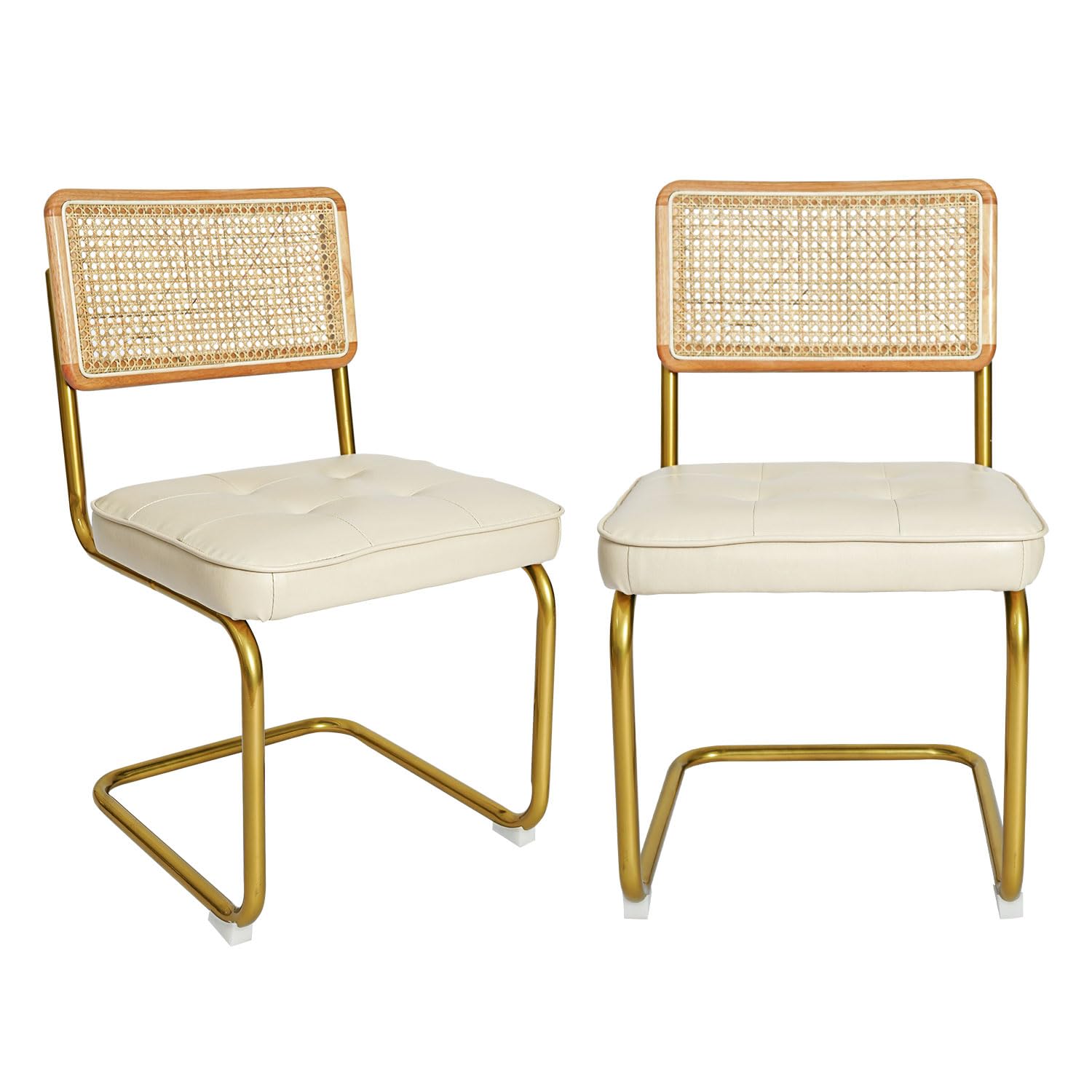 Modern Dining Chairs Set of 2 - Upholstered Faux Leather Seat with Rattan Backrest & Metal Legs, Armless Accent Chairs for Kitchen, Dining Room, Cafe, Restaurant - Beige Home Decor
