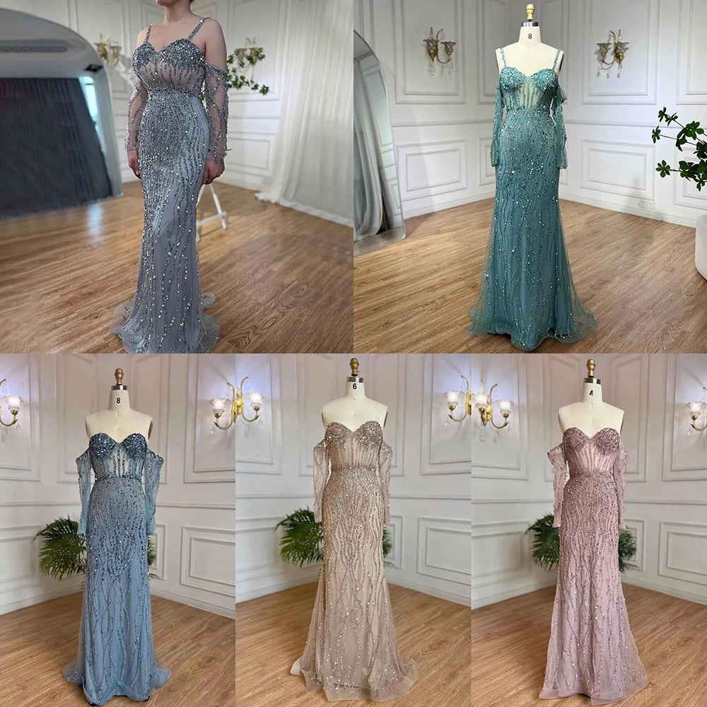 Elegant Grey Mermaid Evening Gown with Beaded Spaghetti Straps - Luxury Women's Formal Dress for Weddings, Parties & Special Occasions | Serene Hill Collection 2025