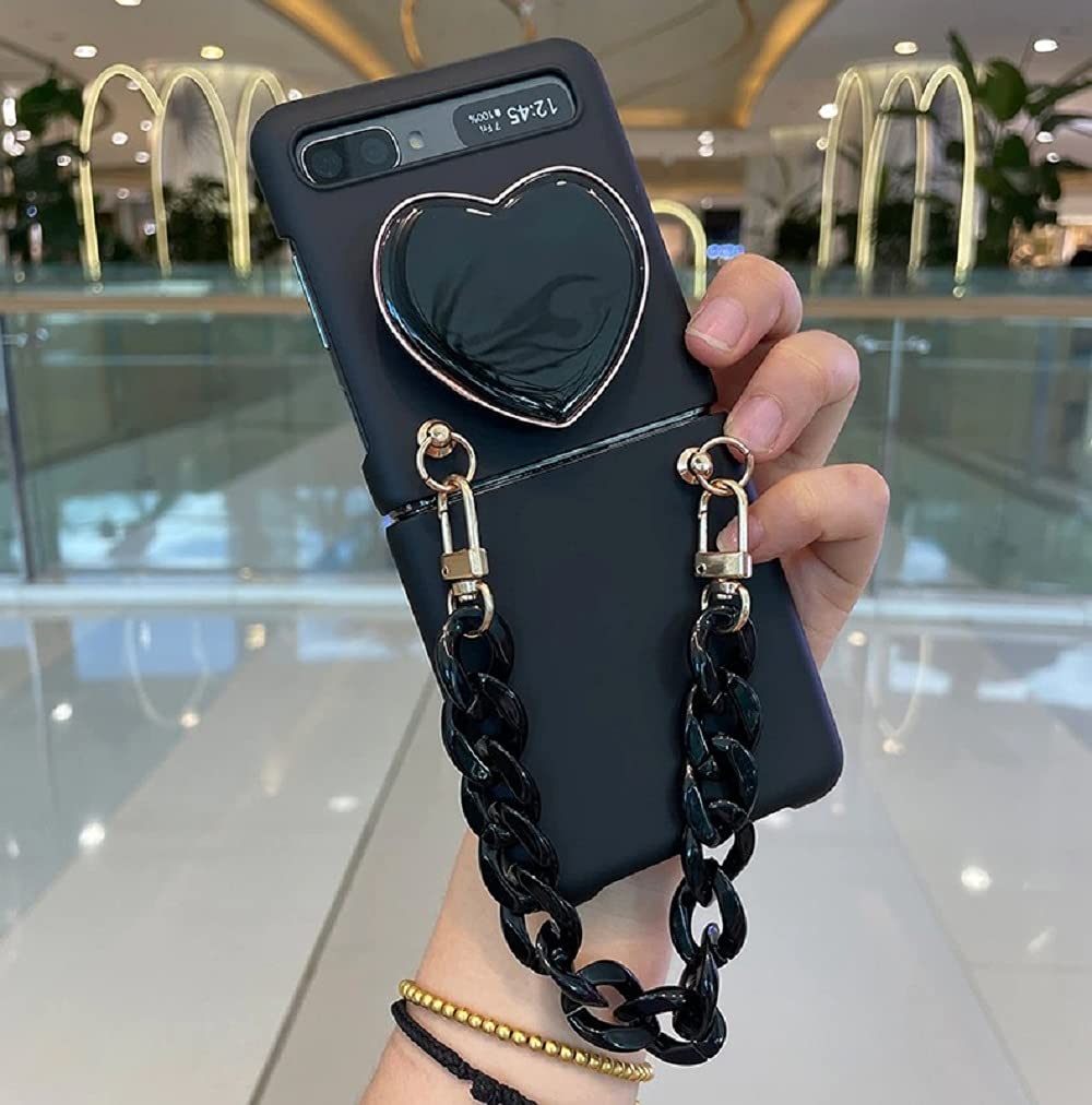 Stylish Black Heart Phone Case for Samsung Galaxy Z Flip 3 5G with Bracelet - Perfect for Daily Use & Fashion Accessories