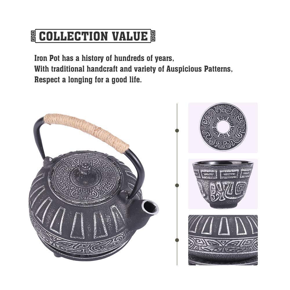 Premium Japanese Style Cast Iron Teapot Set with Infuser - 28oz Enameled Interior Tea Kettle & 4 Matching Teacups - Stovetop Safe Black Iron Teapot - Perfect for Tea Ceremonies, Home Decor & Thoughtful Gifts