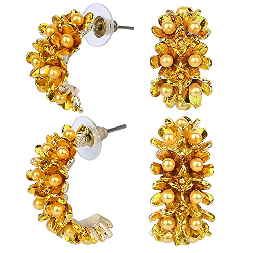 Bohemian Gold Plated Floral Hoop Earrings for Women - Lightweight Stylish Blooming Flower Dangle Earrings | Perfect for Summer Festivals, Beach Vacations & Boho Chic Outfits