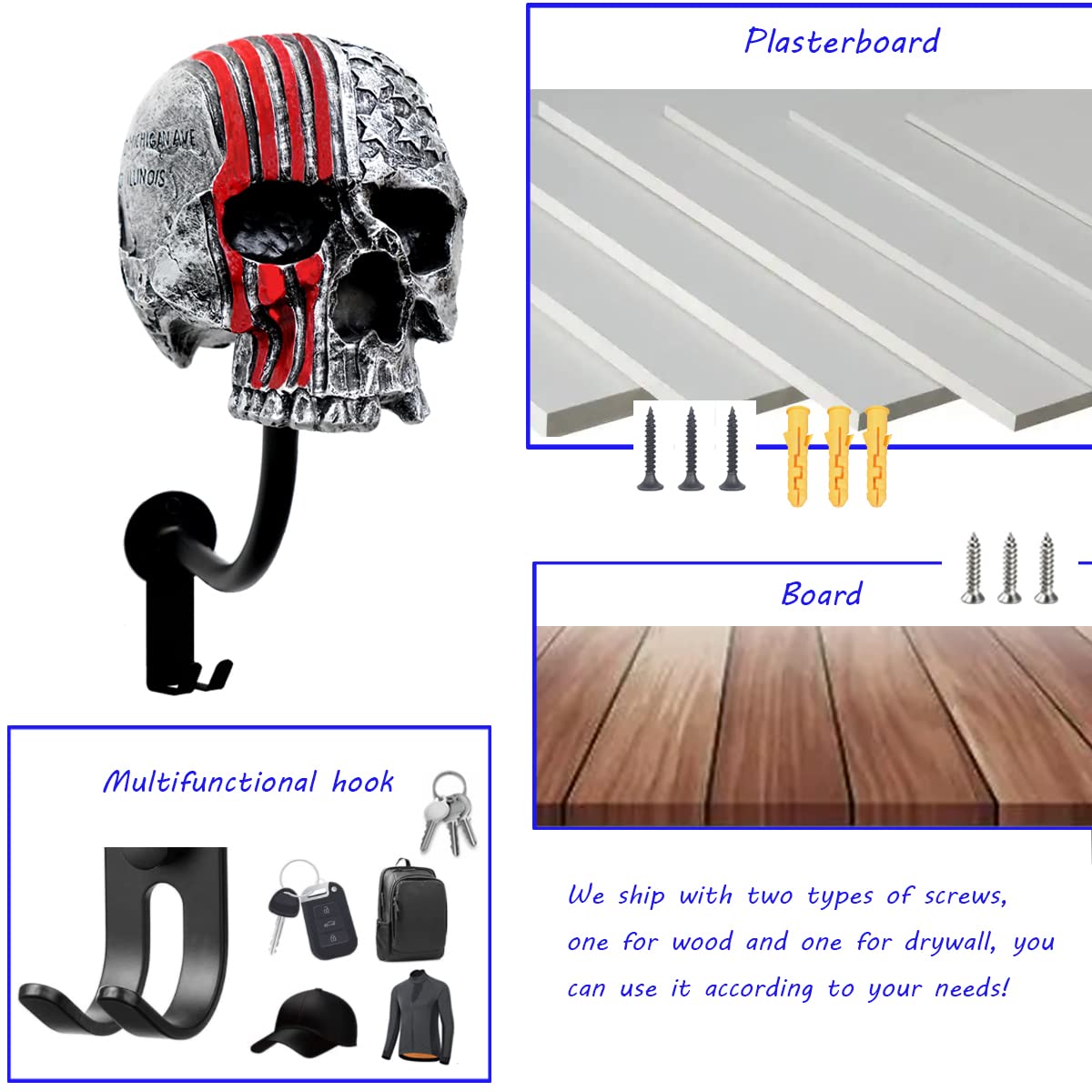 Red Skull Motorcycle Helmet Wall Mount Rack with 2 Hooks - Heavy Duty Helmet Holder for Motorcycle, Baseball, Rugby Helmets & Coat Hanger - Perfect for Garage, Bedroom or Entryway Organization