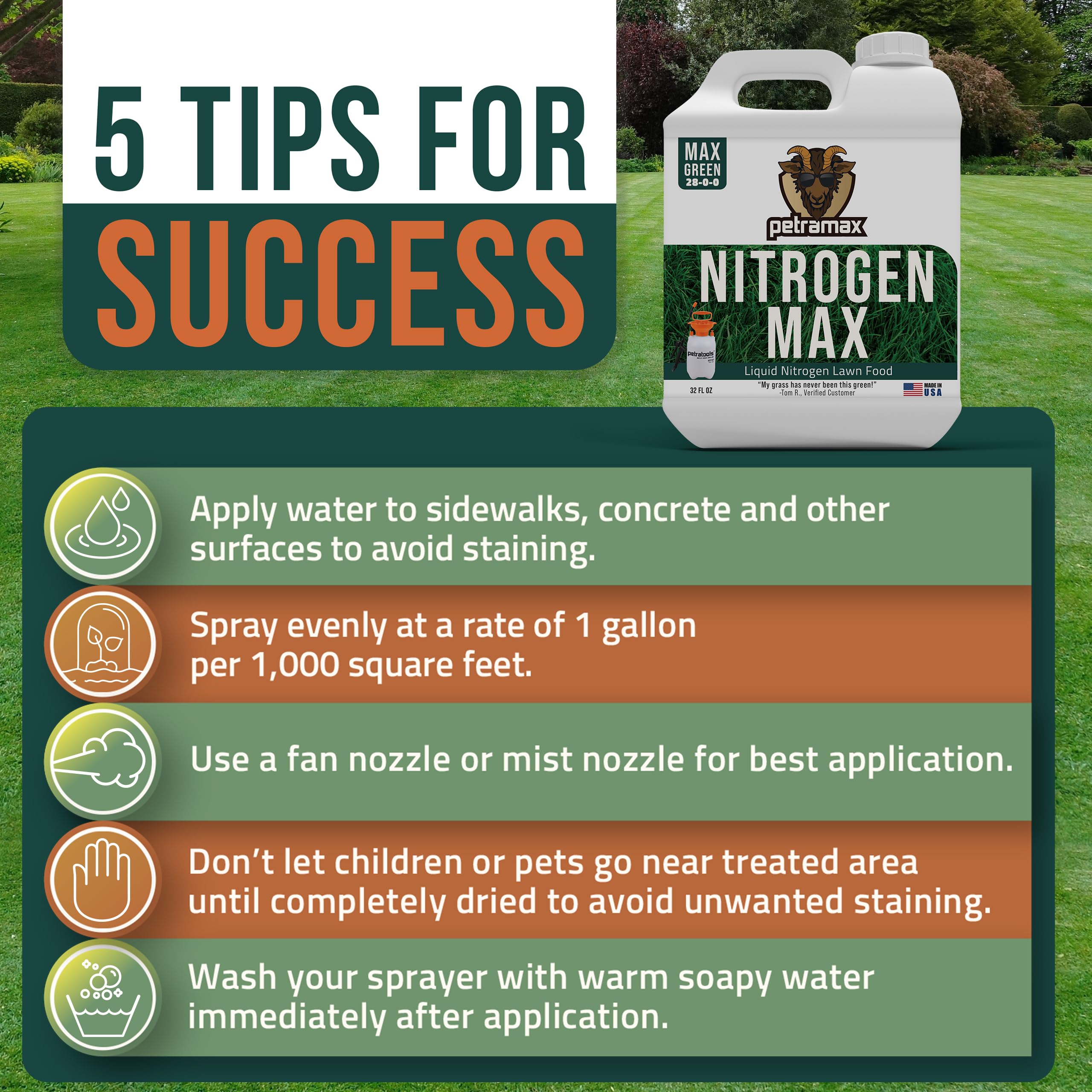 Petramax 28-0-0 NPK Liquid Nitrogen Fertilizer - 32oz Lawn Food for Spring & Summer, Easy Spray Application for Deep Green Grass - Slow Release High Nitrogen Turf Builder - Perfect for Home Lawns, Golf Courses & Sports Fields