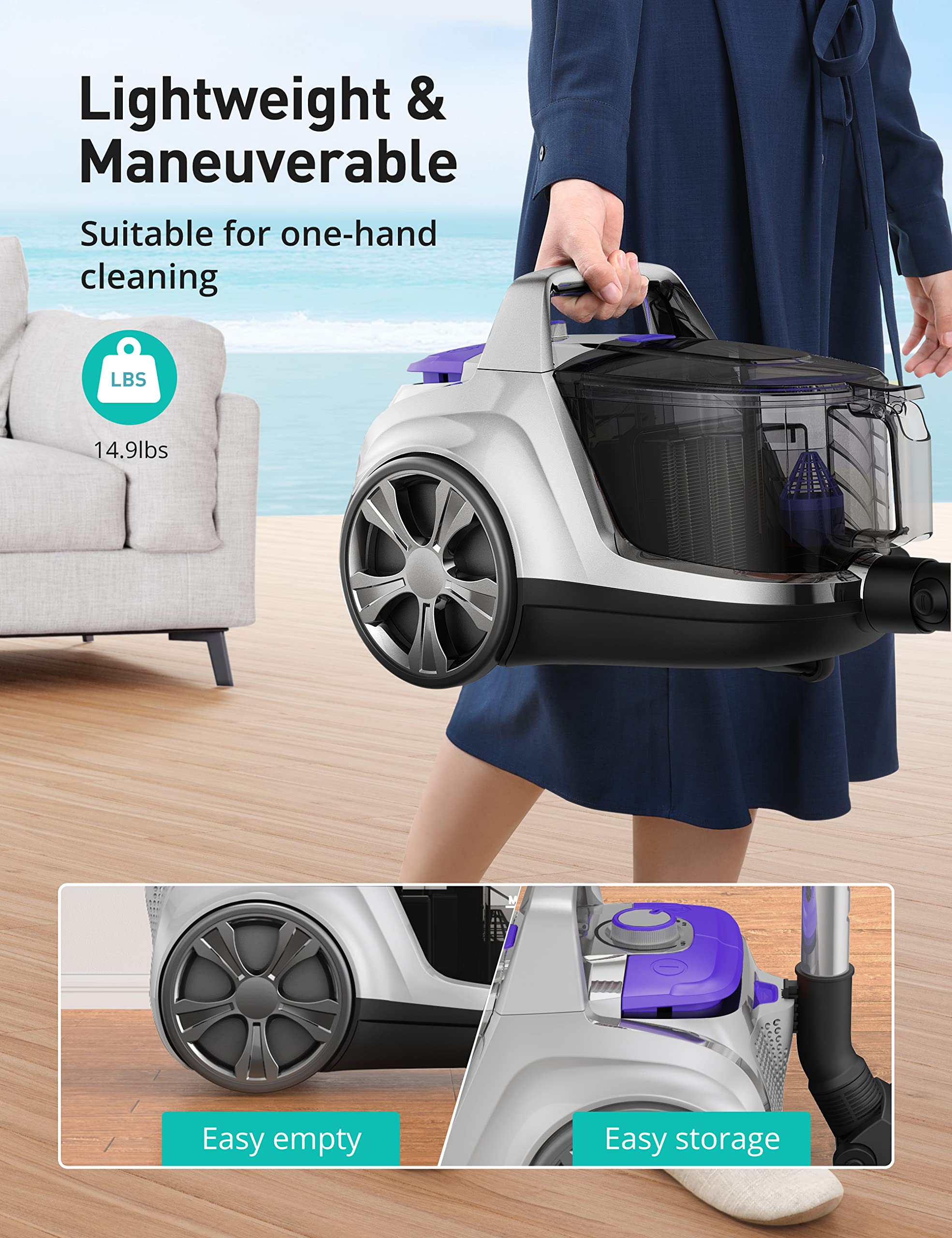 Aspiron 3.5L Silver Canister Vacuum Cleaner for Home Cleaning