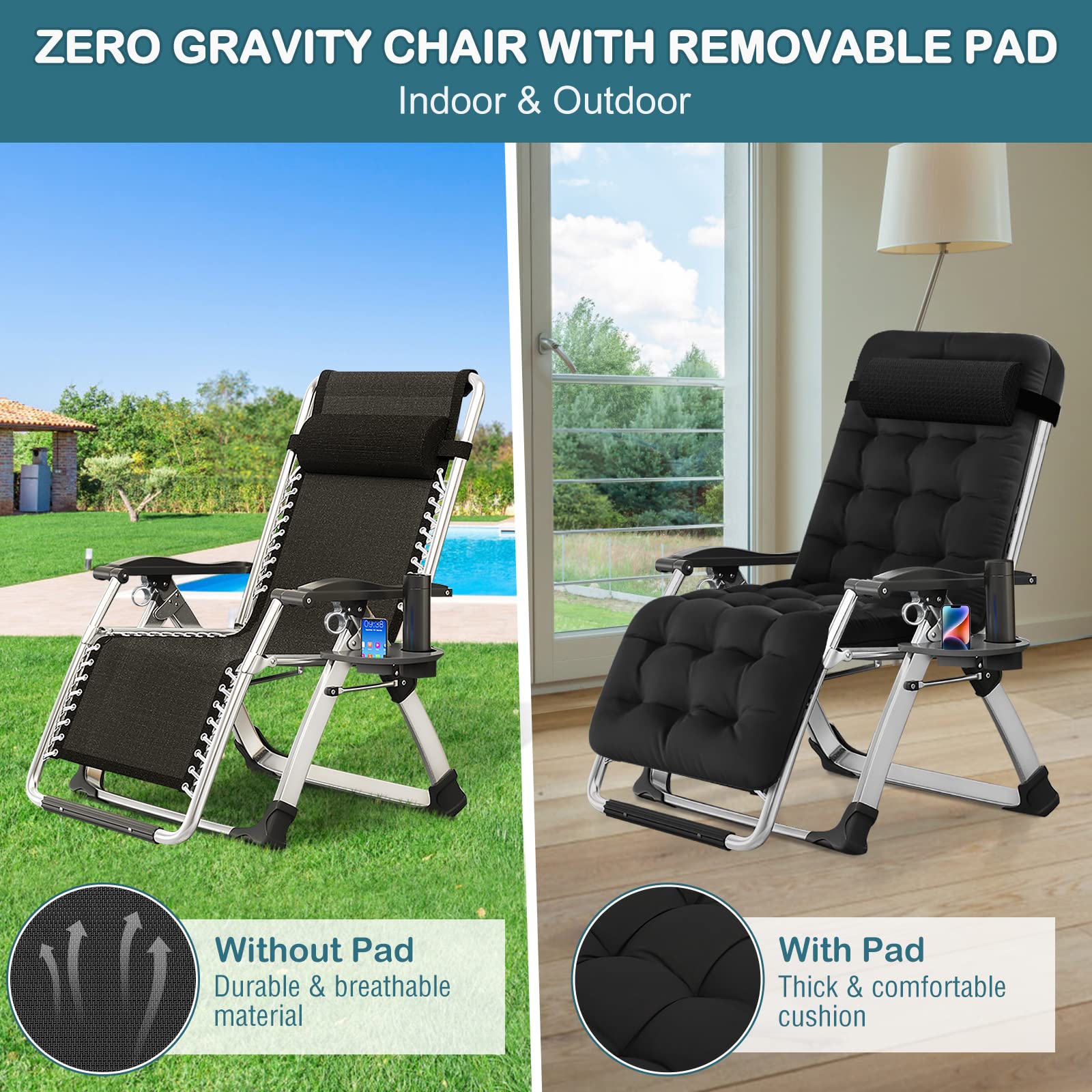 NAIZEA Zero Gravity Lounge Chair - Adjustable Reclining Folding Patio Chair with Padded Seat & Cup Holder - Ergonomic Outdoor Recliner for Adults & Kids - Perfect for Backyard, Poolside, Camping & Indoor Relaxation