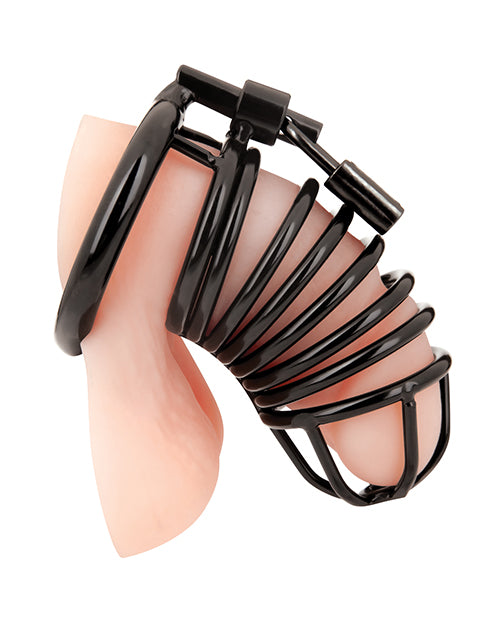 Premium Blue Line Deluxe Chastity Cage - Black Stainless Steel Cock Ring for BDSM, Male Chastity Device - Perfect for Couples Play, Adult Toys & Fetish Accessories