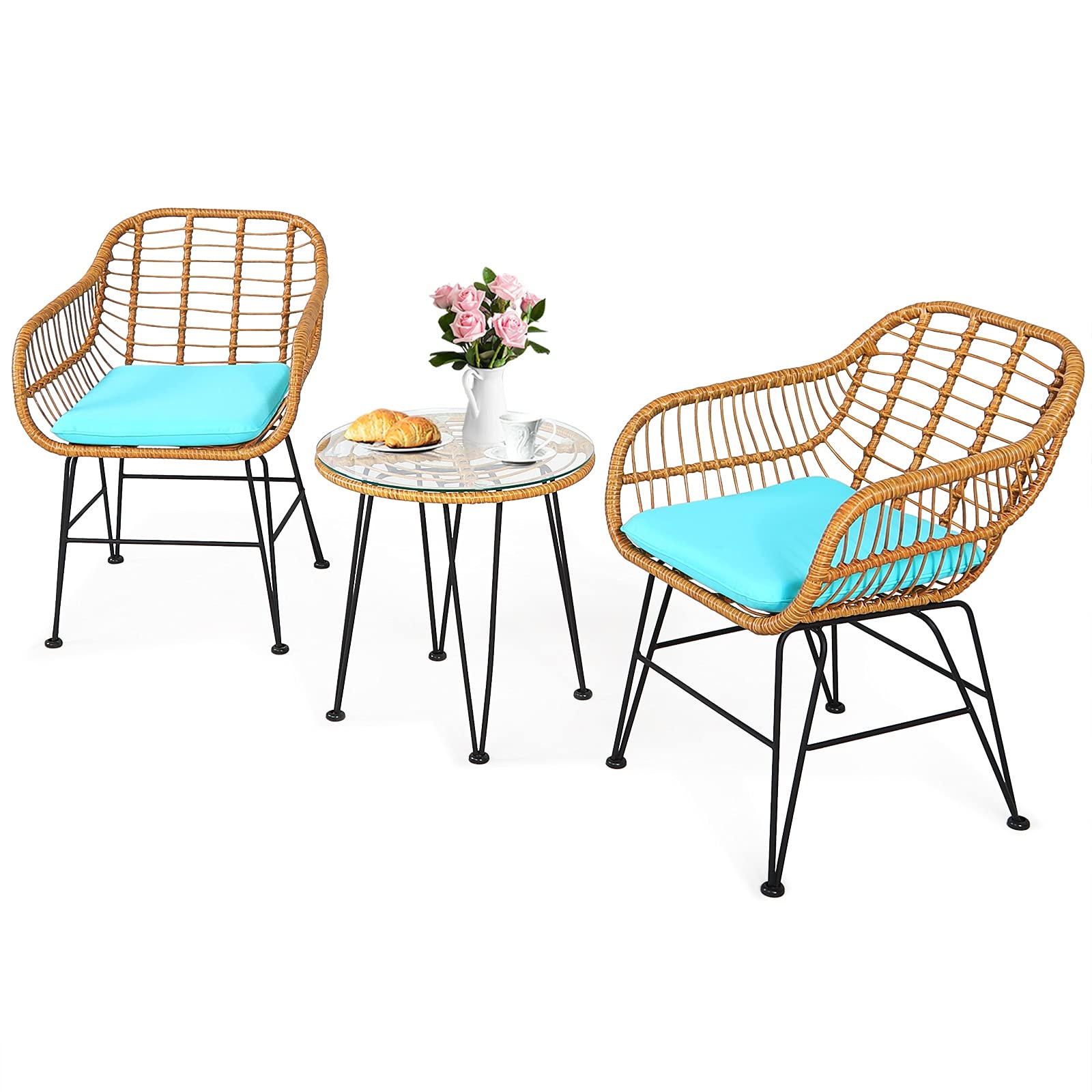 HAPPYGRILL 3-Piece Rattan Bistro Set with Steel Frame Round Coffee Table & Soft Cushions - Outdoor Patio Furniture for Garden, Balcony, or Backyard Relaxation